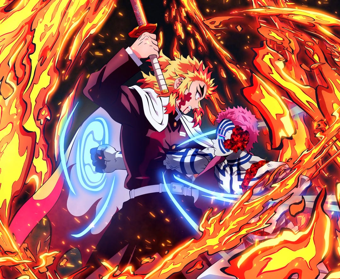 Kyojuro Rengoku swings his flaming katana against Akaza’s fists during a nighttime battle with fiery embers.
