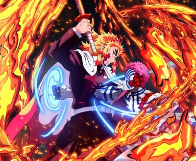 akaza,rengoku kejuro,demon slayer,anime,warriors,sword,fight,blow,fire