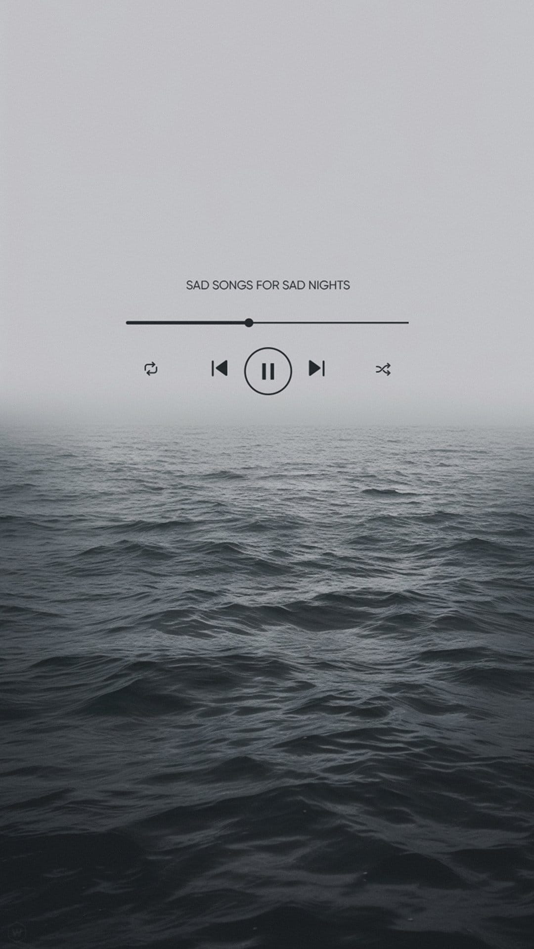 Rippling dark ocean waves under a thick gray mist featuring a centered minimalist music player user interface.