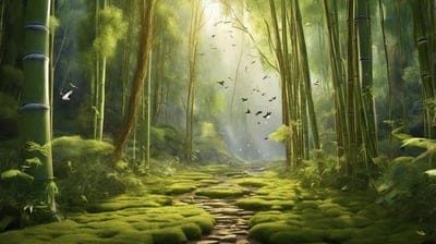 Scene,Cool,Clouds,Water,Flowers,Forest,Lake,Scenery,Serene,Mountains,Beautiful,Ai,Ai Art,Desktop Wallpaper,Bamboo,Birds,Pathway