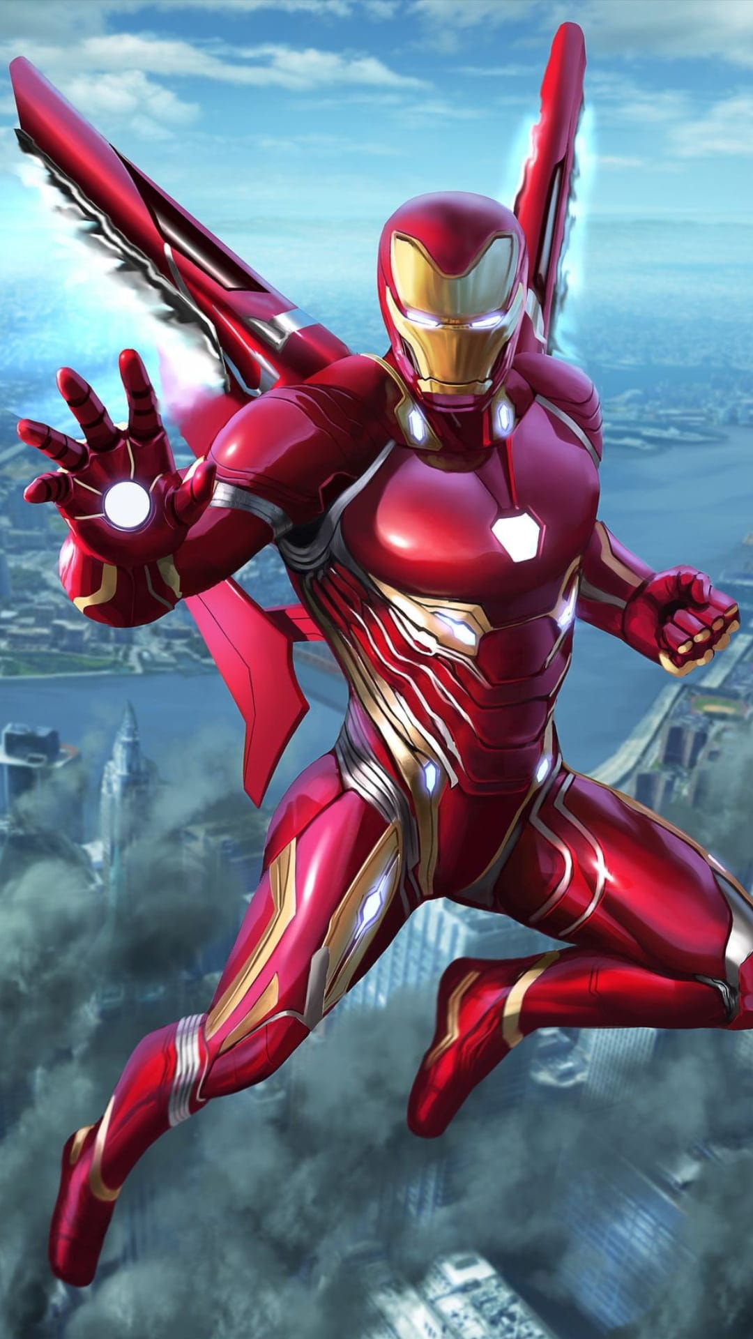 Iron Man in winged red and gold armor flies over a vast city under a cloudy sky with glowing blue hand repulsors.