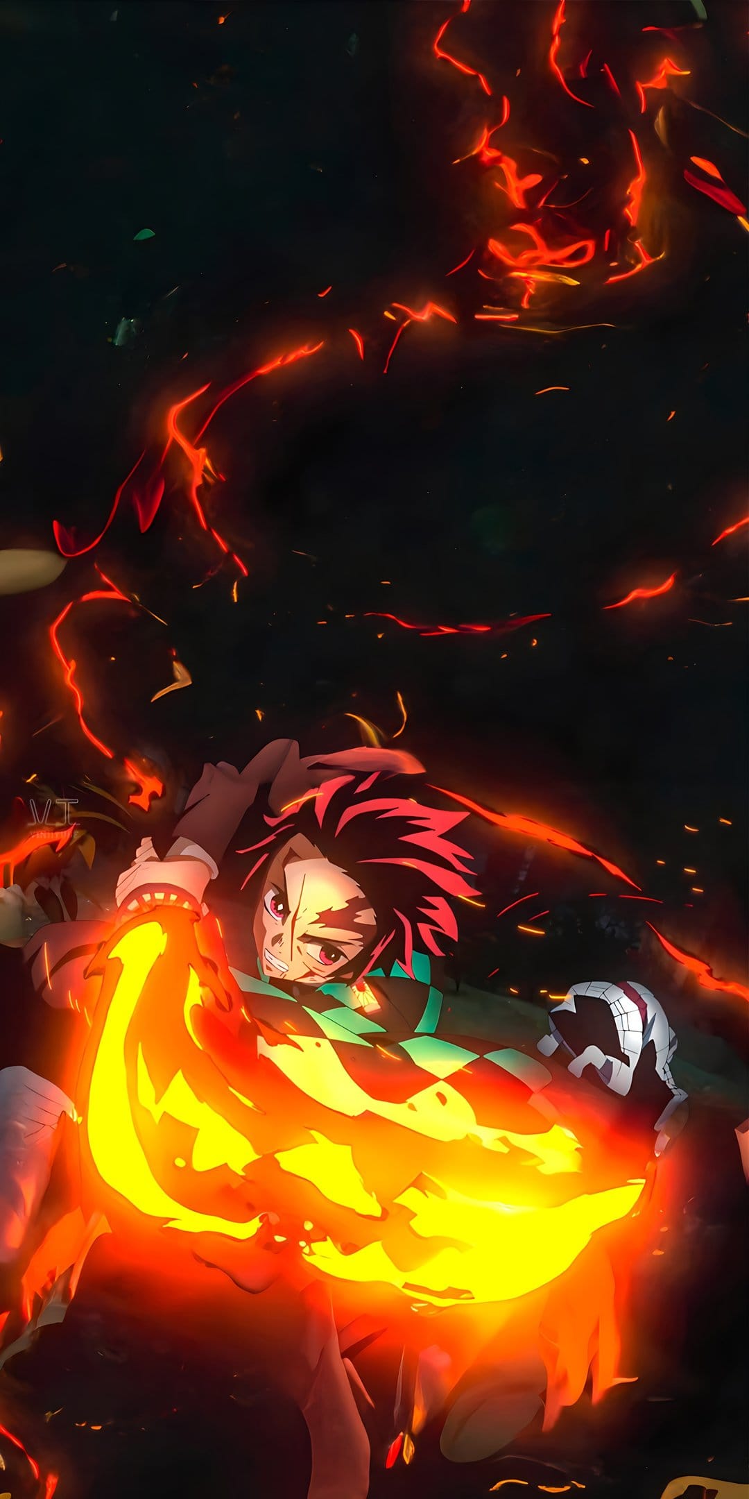 Tanjiro Kamado grips a katana engulfed in swirling orange flames and bright embers against a dark background.