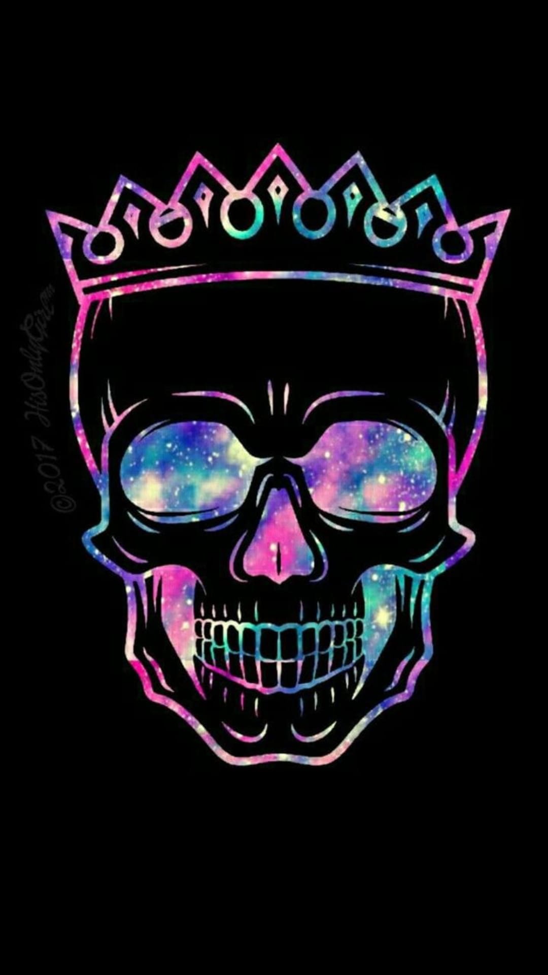 Human skull with cosmic galaxy patterns in the eyes and crown, featuring vibrant purple and blue starlight.