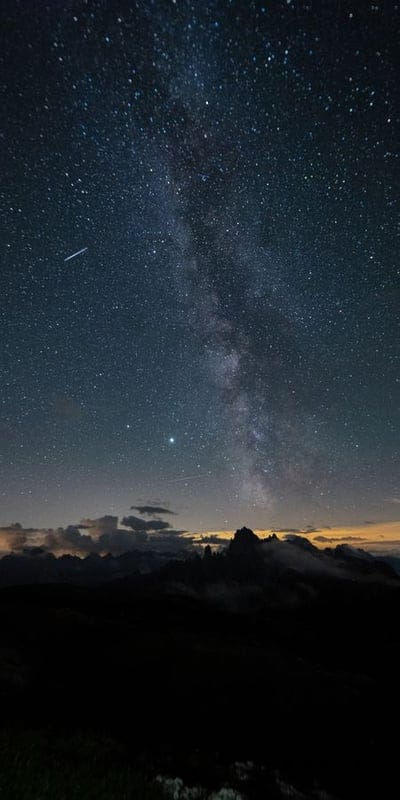 Milky Way, Night sky, Mountains, Stars, Landscape, Cosmos, Silhouette, Astrophotography, Celestial, Galaxy, Shooting star, Nature, Dark, Clouds, Universe, Scenic, Peaks, Horizon, Sky, Deep space