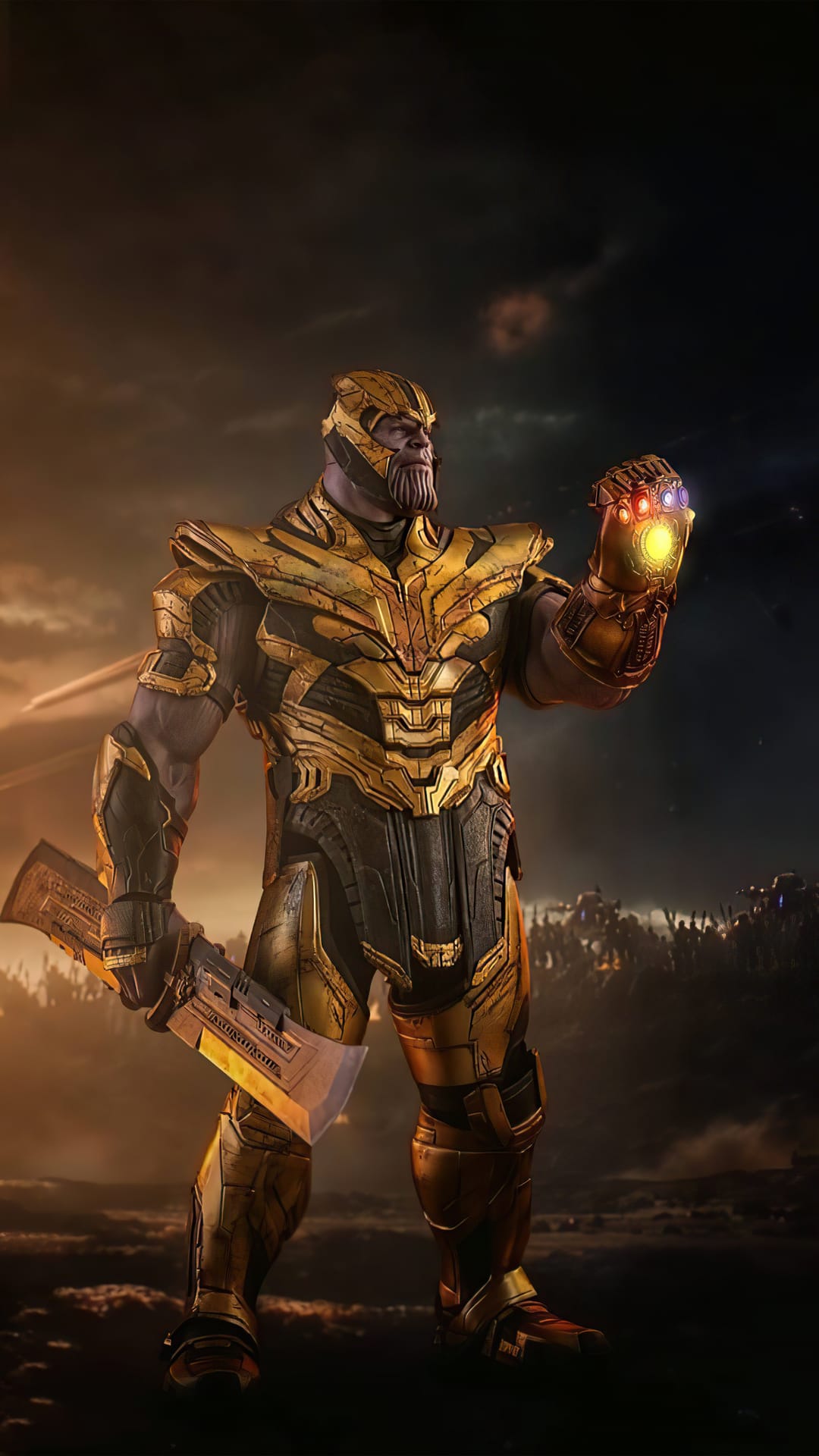 Thanos in golden armor holds the glowing Infinity Gauntlet and a large sword against a stormy, war-torn sky.