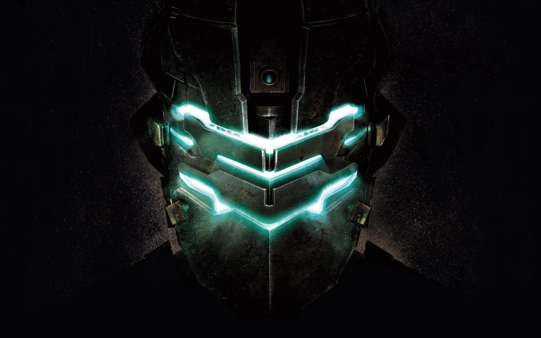 Close-up of a metallic sci-fi helmet with three glowing teal visor slits centered against a dark background.