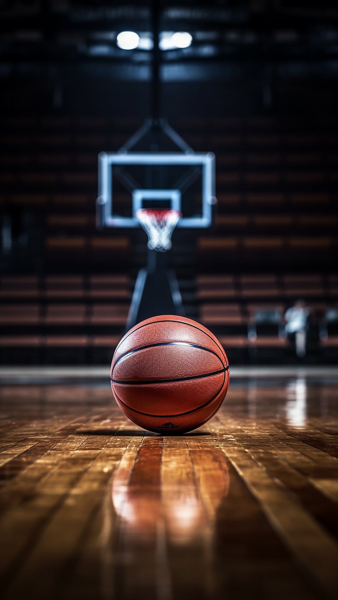 Orange basketball resting on a glossy wood floor with a blurred hoop and stadium seats in the background.