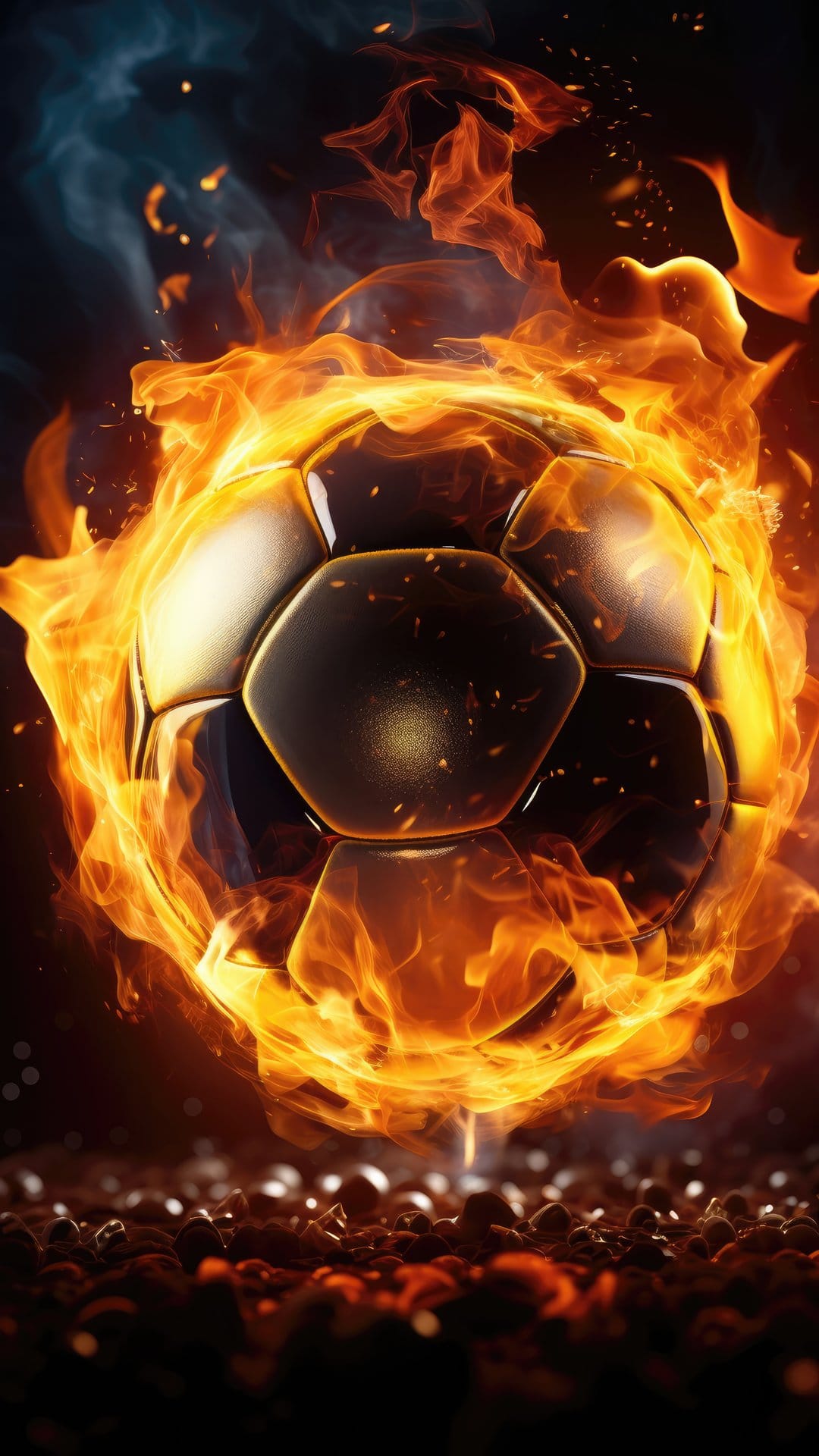 Black and gold soccer ball engulfed in orange flames sitting on a dark ground covered in glowing hot embers.