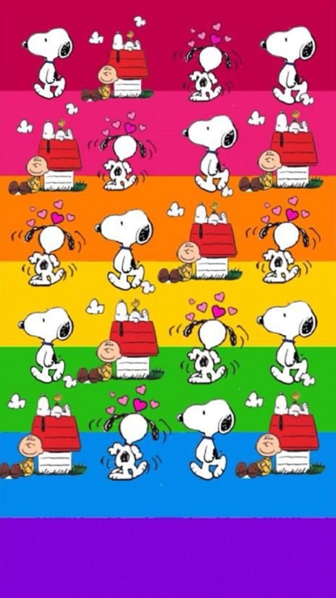 Snoopy and Woodstock smile amidst floating red hearts and white clouds over a colorful arched rainbow backdrop.