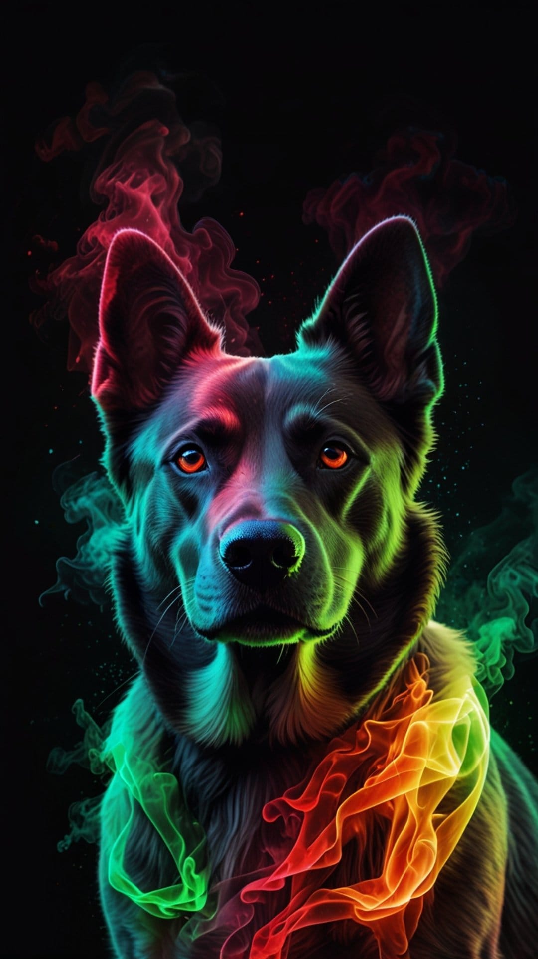 German Shepherd with glowing orange eyes and multi-colored neon smoke plumes on a dark background.