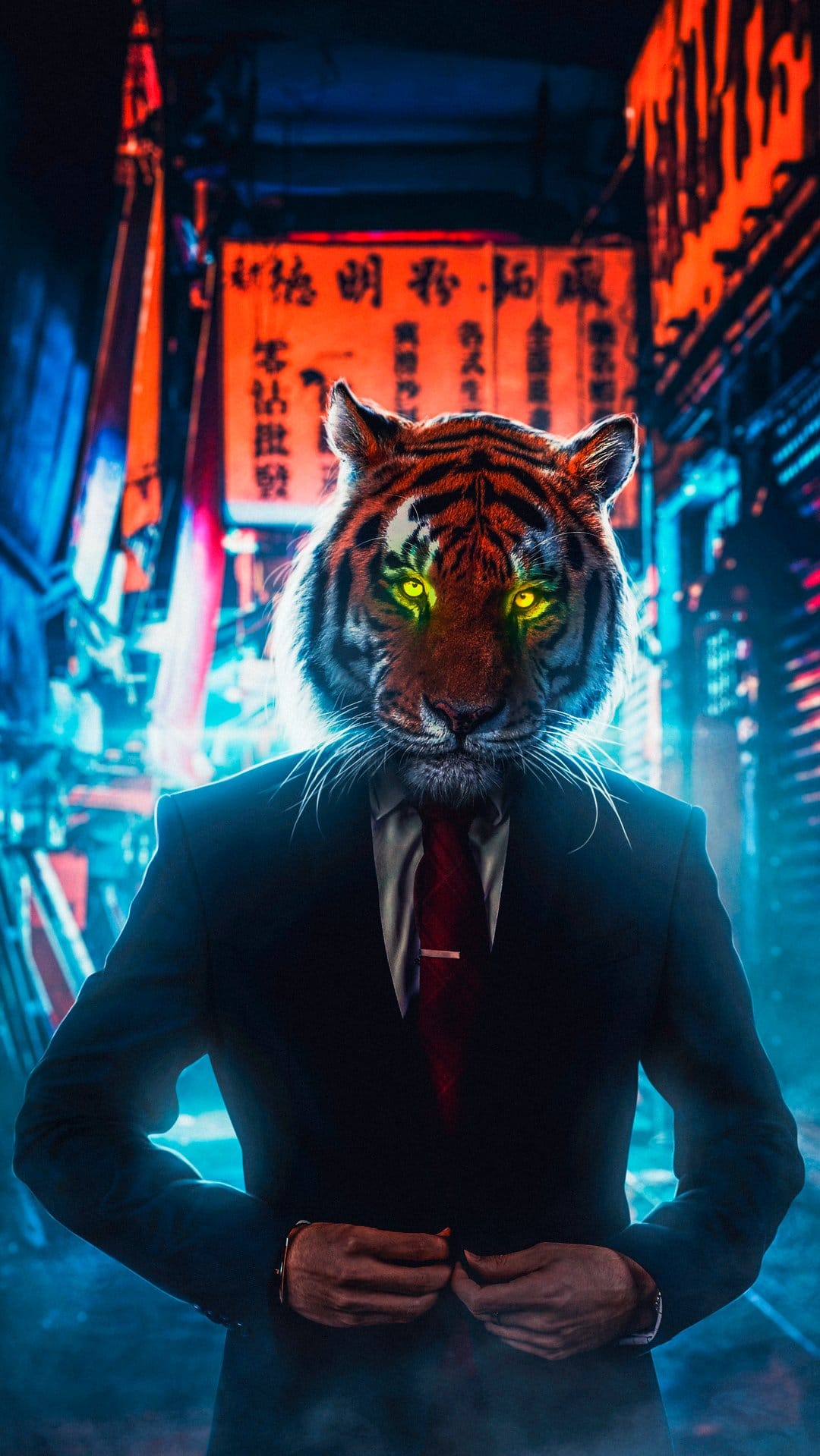 Tiger in a formal suit and tie with glowing green eyes stands in a dark alleyway illuminated by neon city lights.