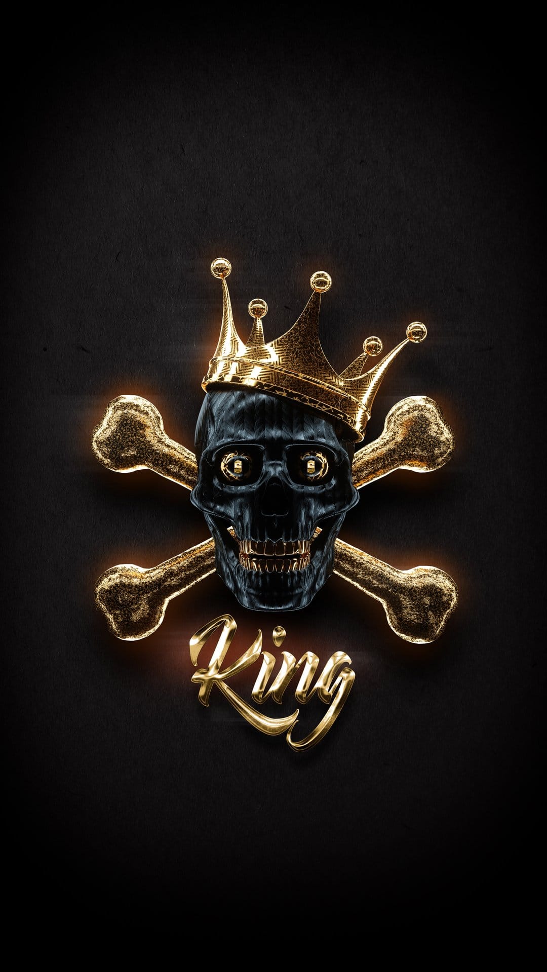 Metallic black skull wearing a gold crown and glasses with golden crossbones on a dark textured background.