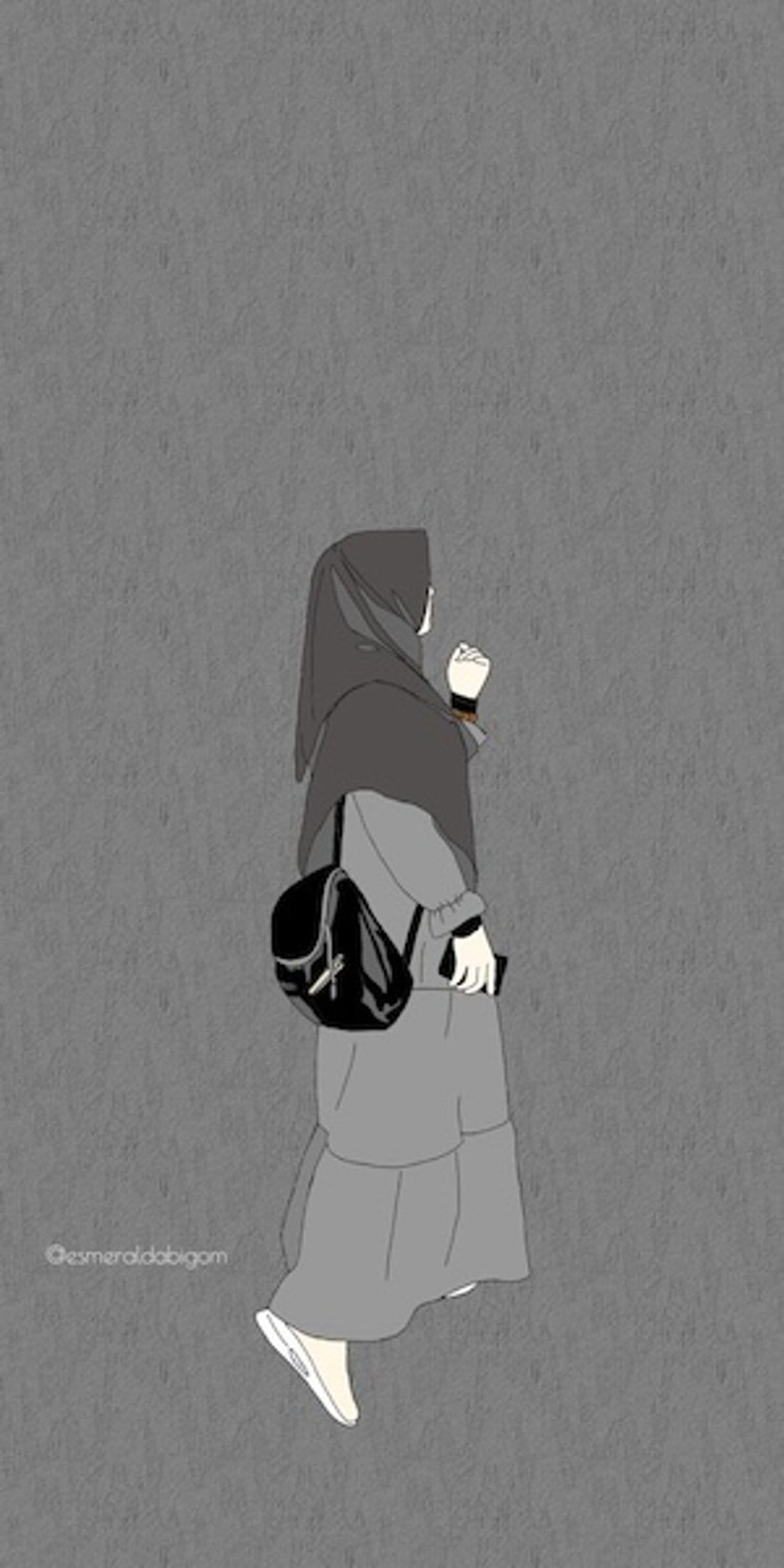 Muslim woman in a grey hijab and dress carries a black backpack while holding a phone against a textured background.