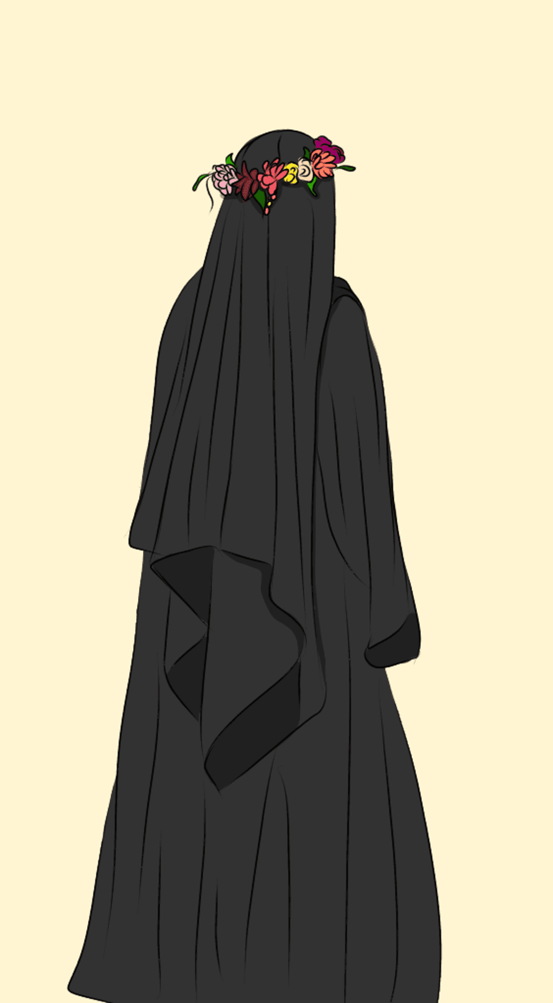 Woman from behind wearing a black hijab and a colorful floral crown against a soft yellow backdrop.