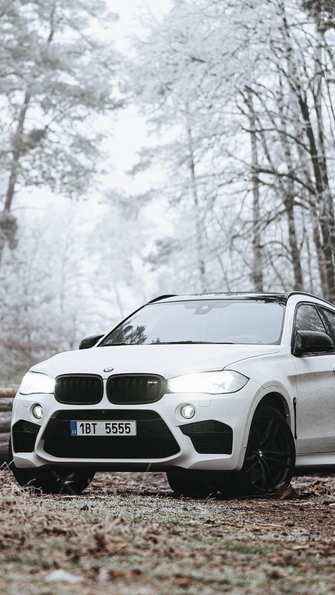 White BMW X6 M with glowing headlights parked on a frosted forest floor surrounded by snow-dusted trees.