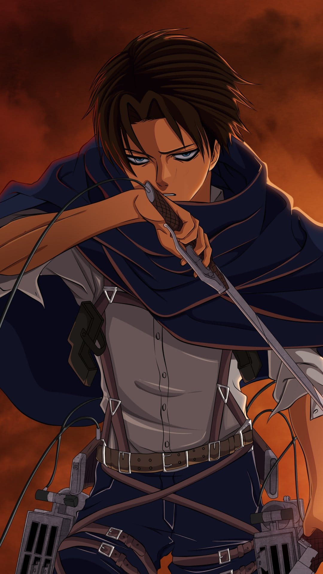 Levi Ackerman holds a metallic blade to his lips while wearing a green Survey Corps cape against a red background.