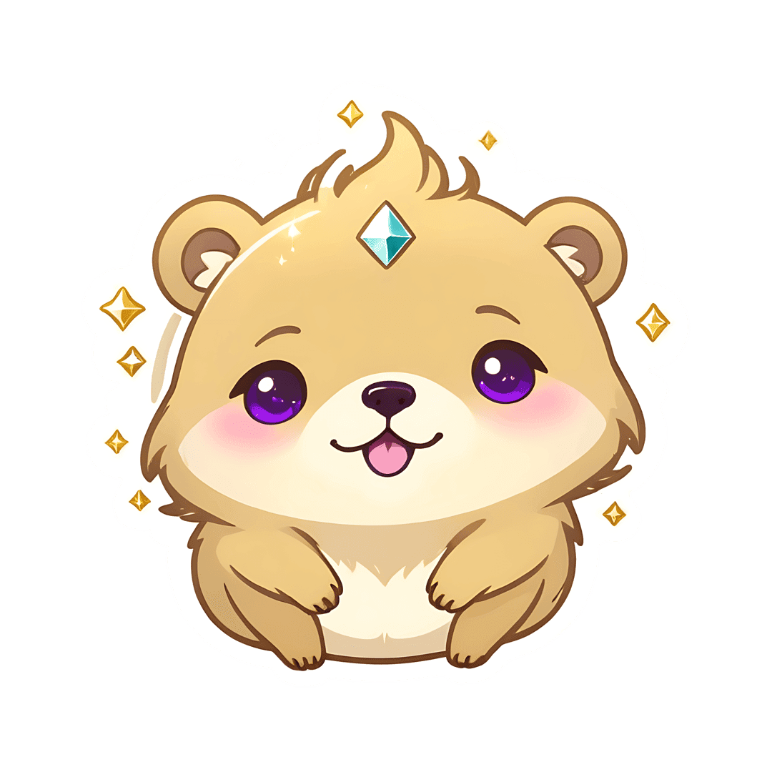 Brown bear sticker illustration with purple eyes, a teal forehead diamond, and gold stars on a white outline.