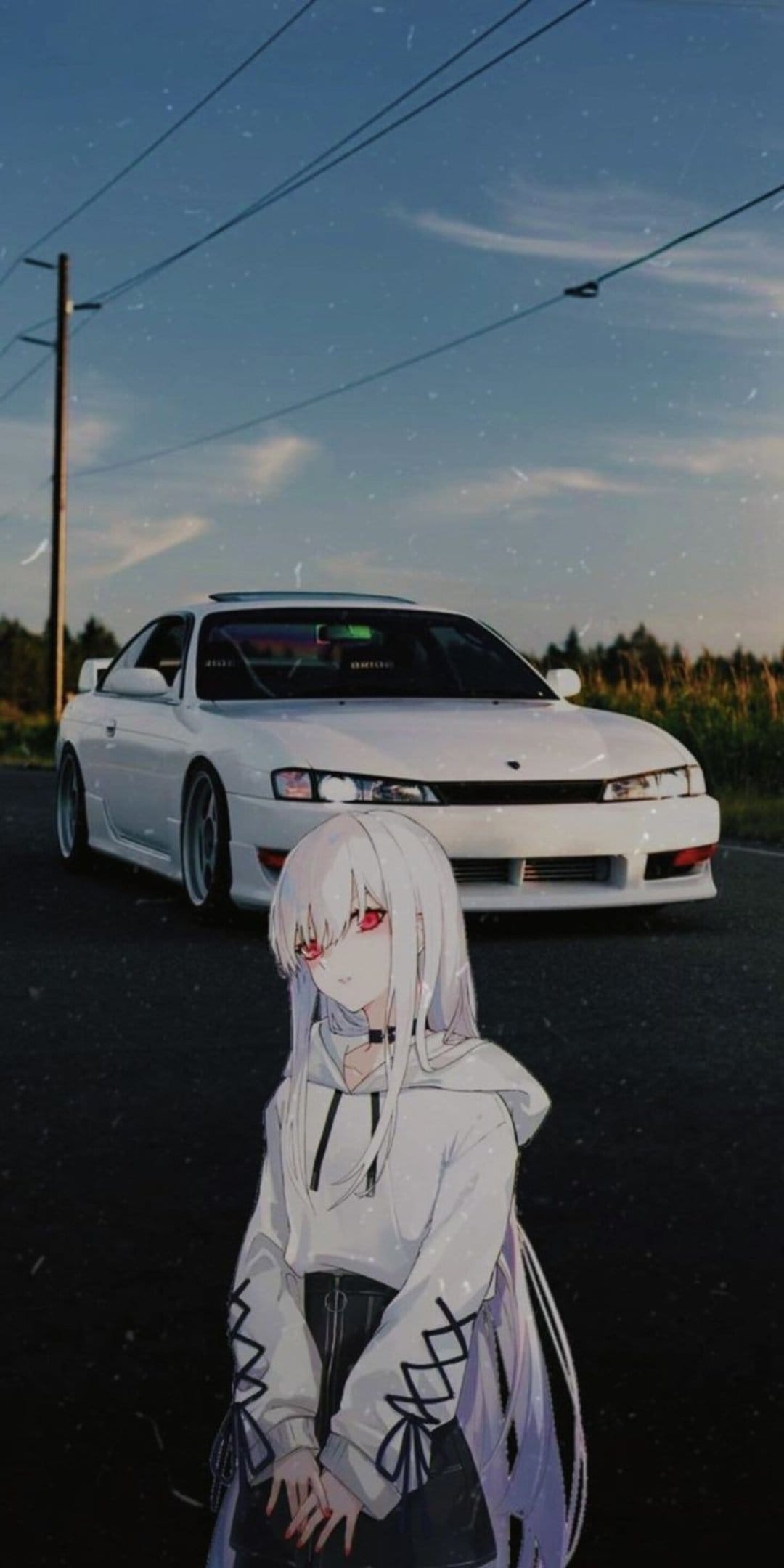White-haired girl with red eyes stands before a white sports car on a rural road under a clear blue sky.