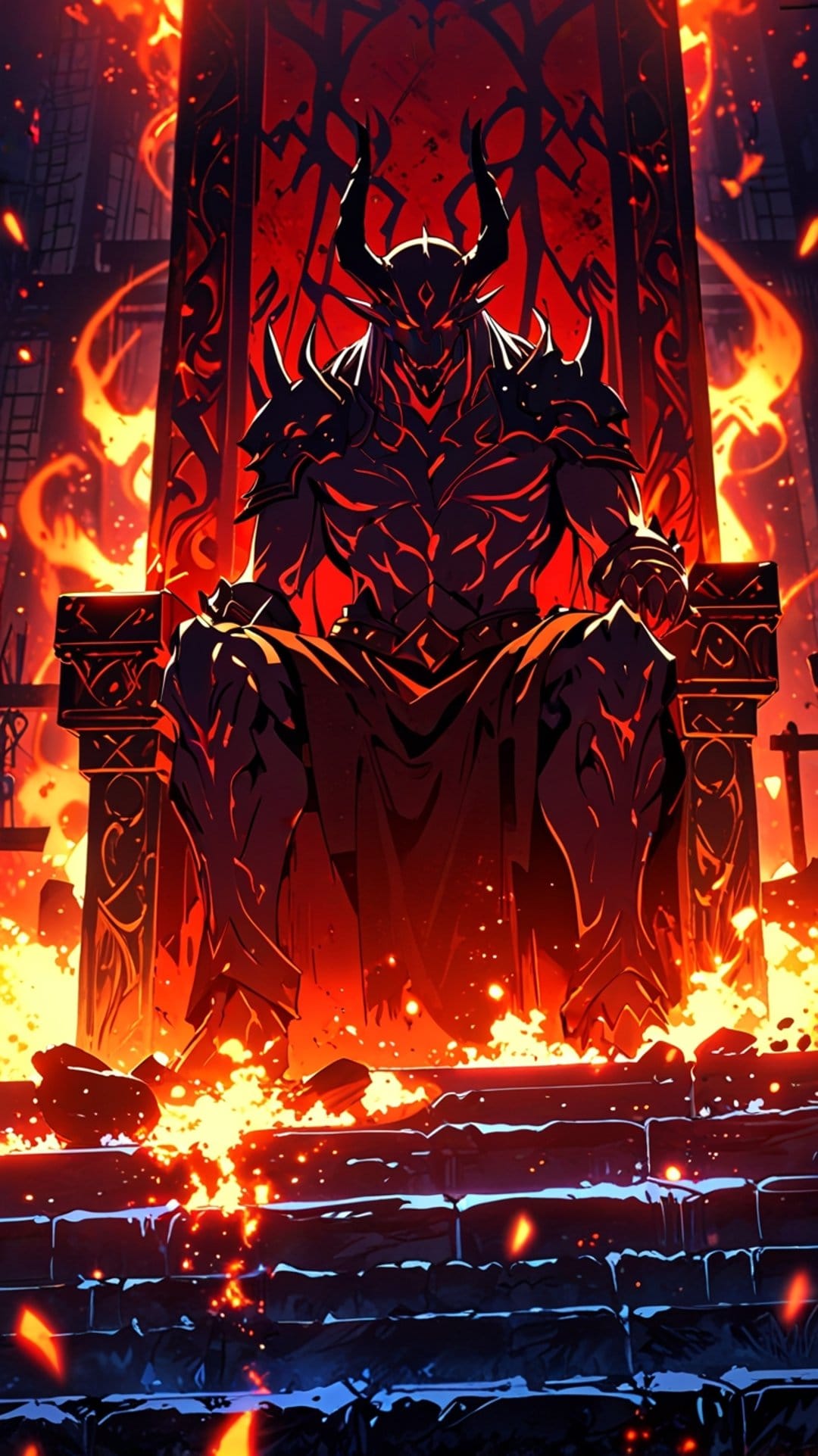 Demon king in spiked black armor sitting on a carved stone throne surrounded by rising flames and glowing embers.