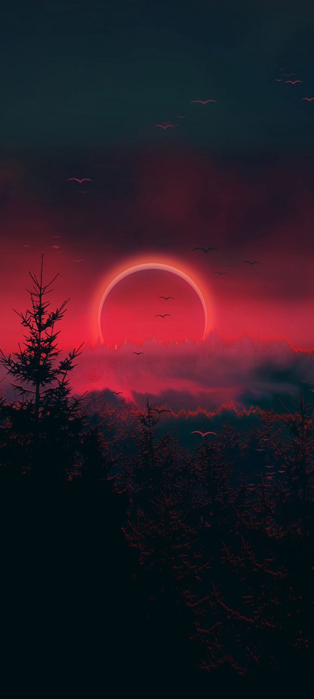 Glowing red solar ring eclipsing a dark orb above silhouetted pine trees and flying birds in a misty valley.