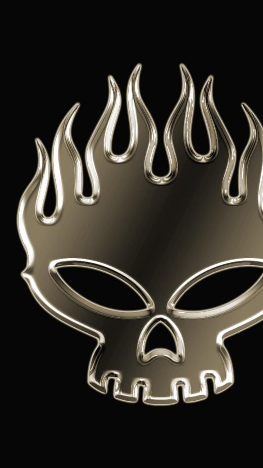 Metallic skull emblem with bright flames rising from the top against a solid black background with chrome reflections.