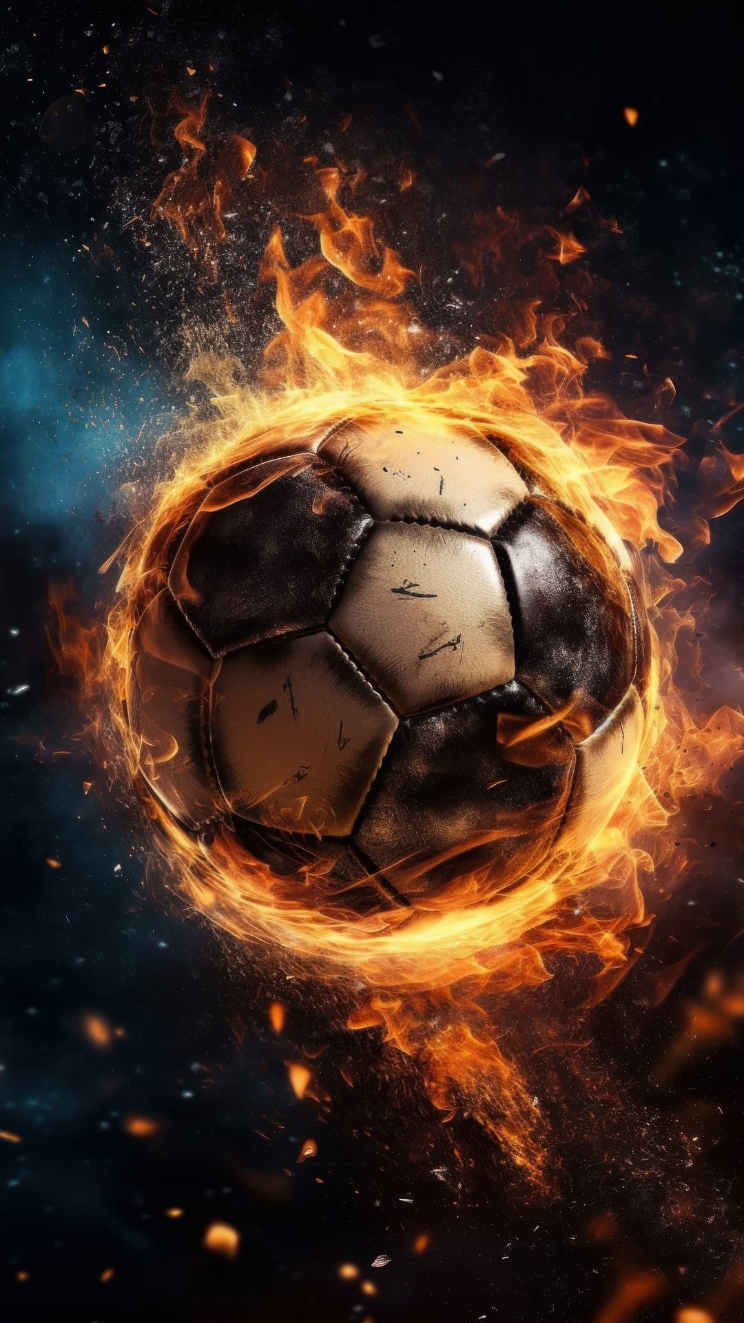 Soccer ball engulfed in bright orange flames and glowing sparks against a dark night sky with distant stars.