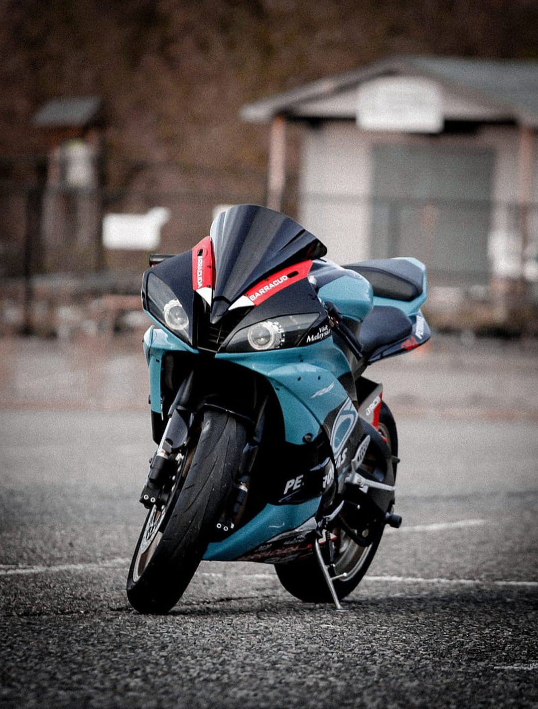 Cyan and black sportbike with Barracuda decals parked on asphalt against a blurred wooden shed background.