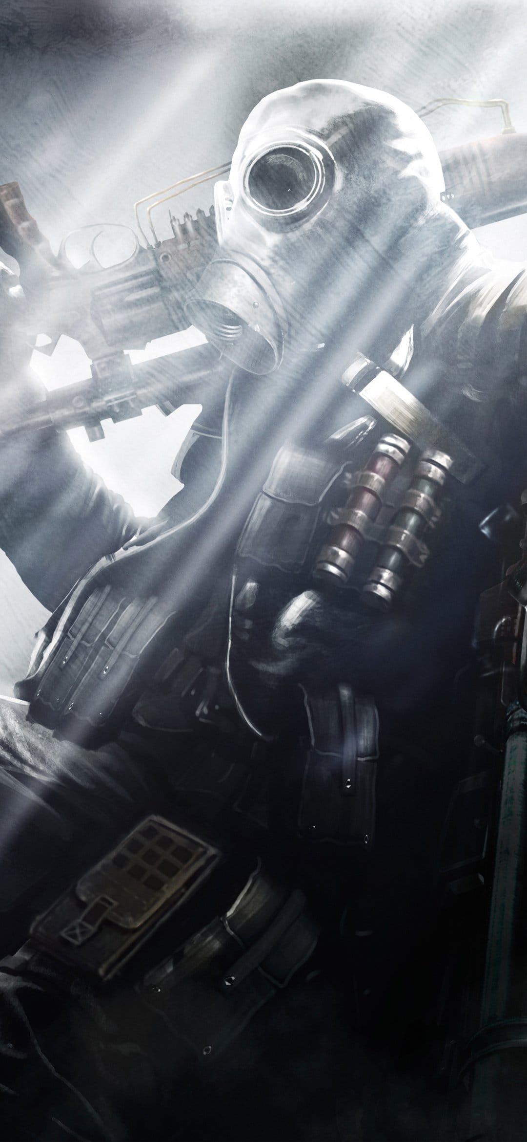 Survivor in a gas mask and tactical gear standing under bright volumetric light rays in a smoky room.