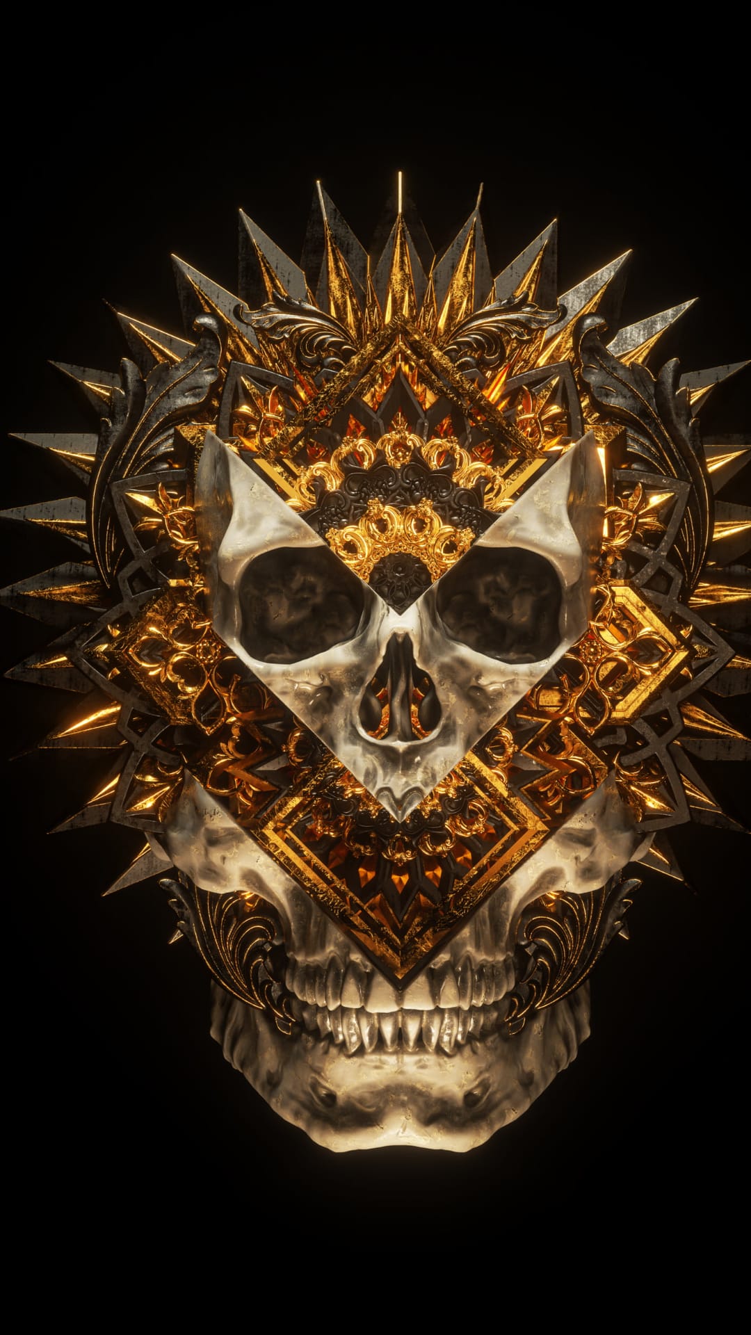 Golden skull with intricate black filigree carvings and ornate crown details set against a dark backdrop.