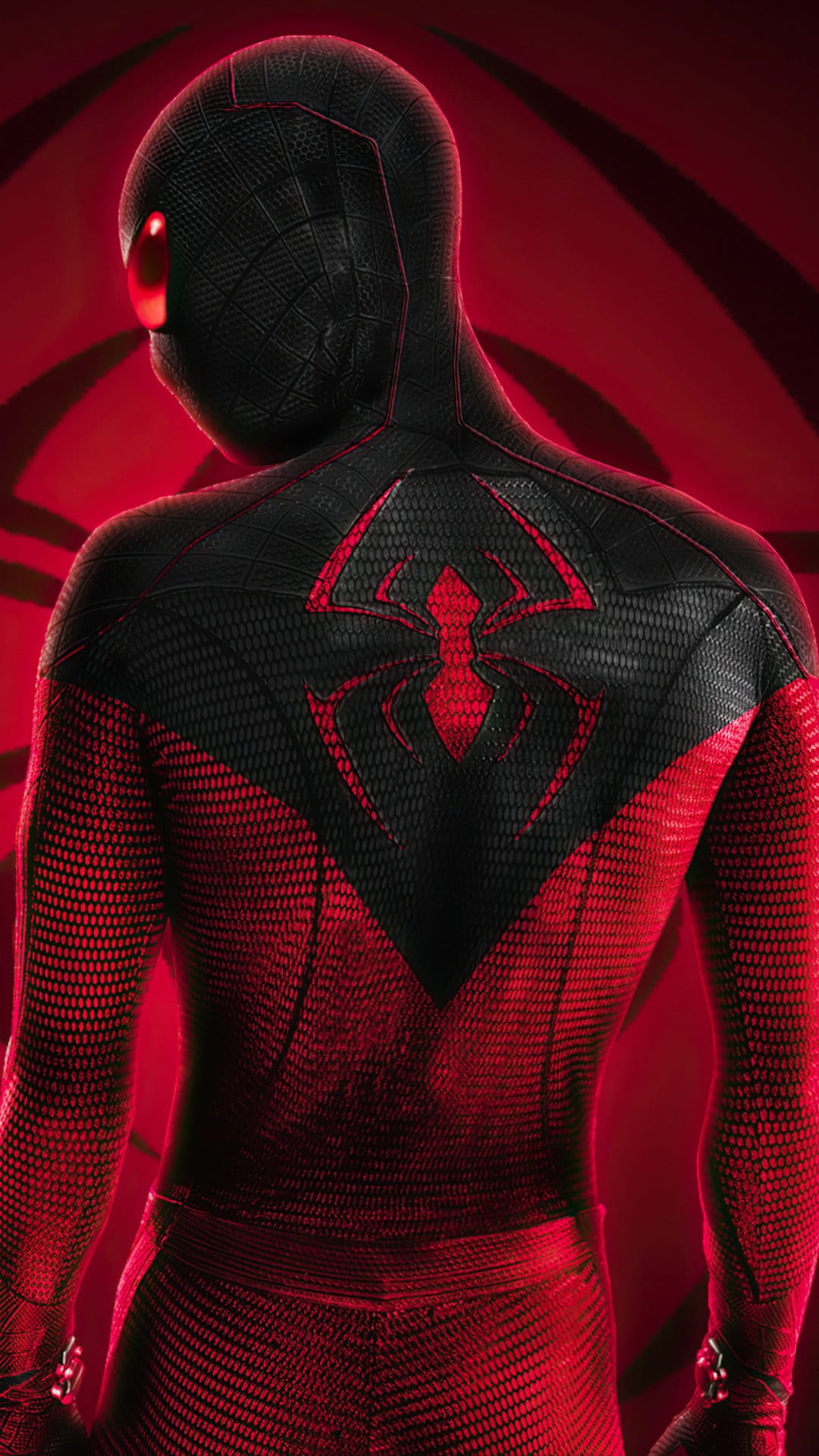 Spider-Man's back features a bold red emblem and textured black fabric against a vibrant scarlet background.