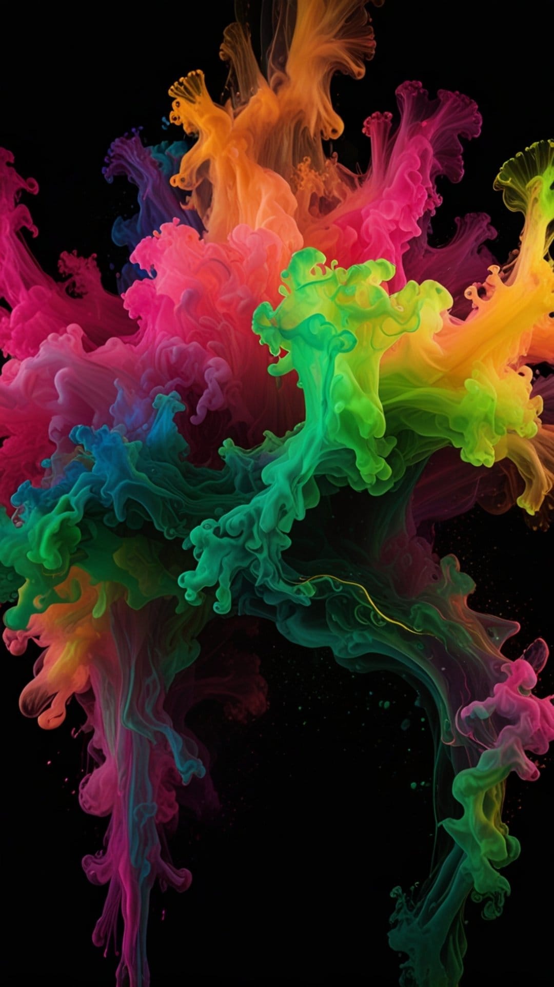 Rainbow ink swirls and fluid smoke plumes expand against a solid black background with neon color gradients.