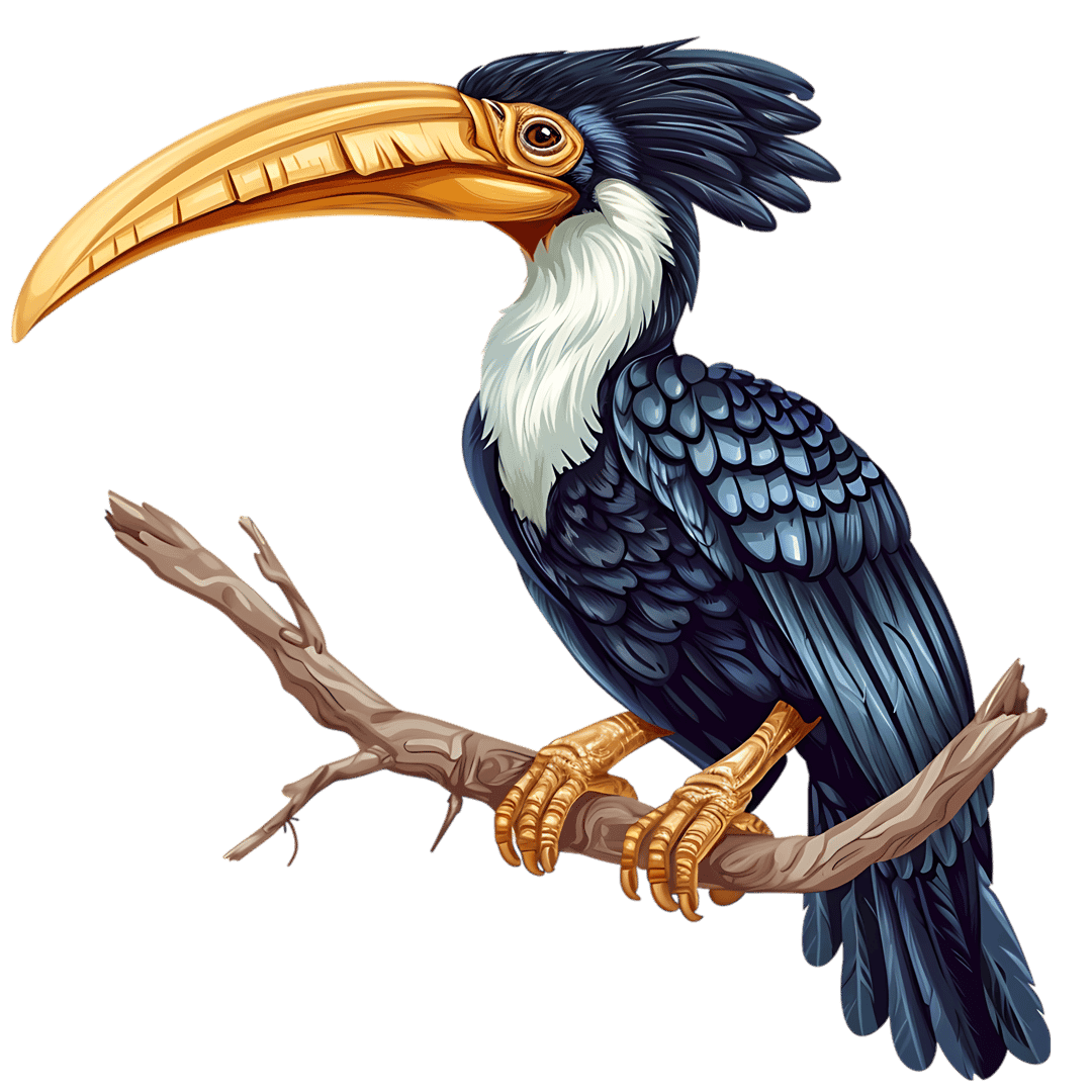 Hornbill digital illustration shows a bird with a curved yellow beak and blue feathers on a textured branch.