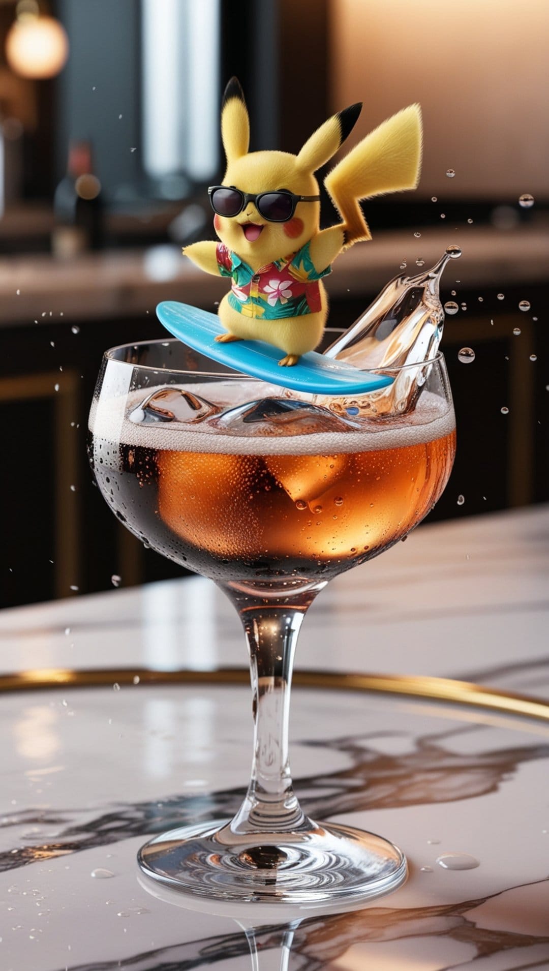 Pikachu wearing sunglasses and a Hawaiian shirt surfs on a blue board atop a cocktail drink in a wine glass.
