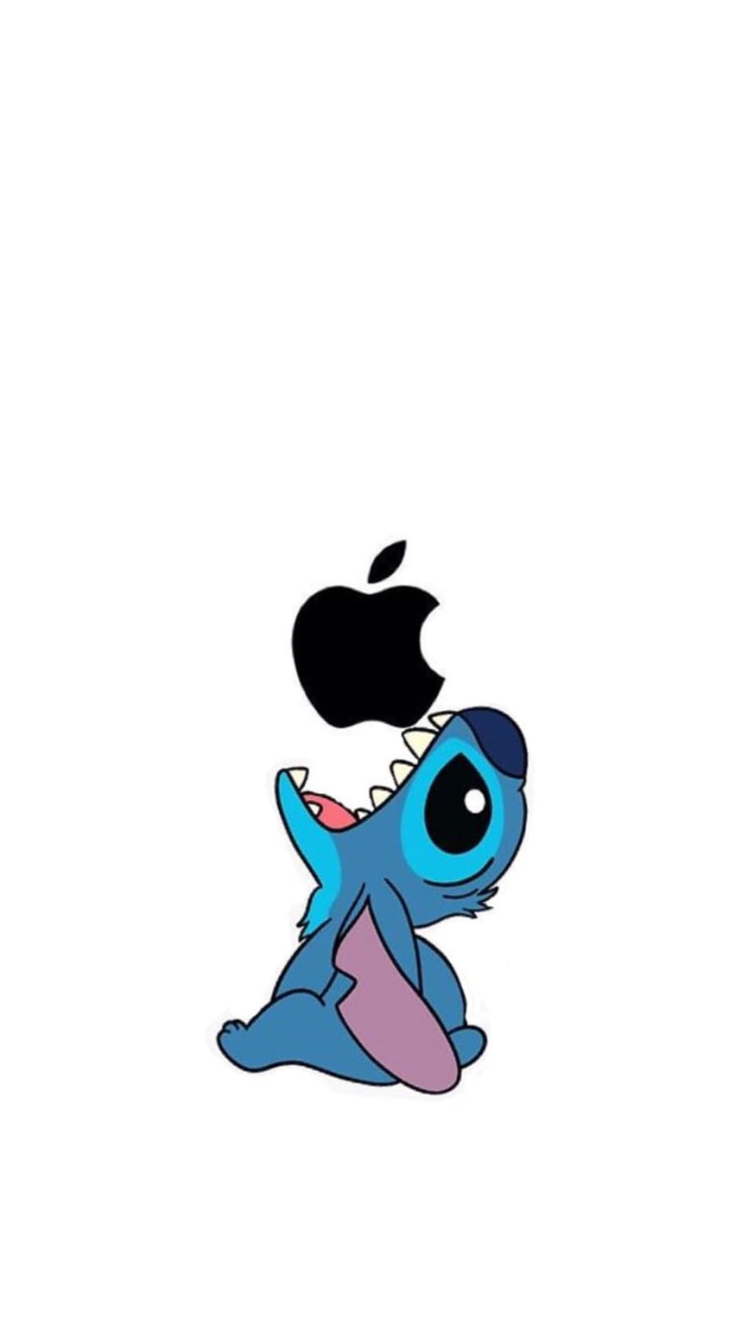 Stitch bites into a black Apple logo on a white background, featuring a clean and minimalist character design.