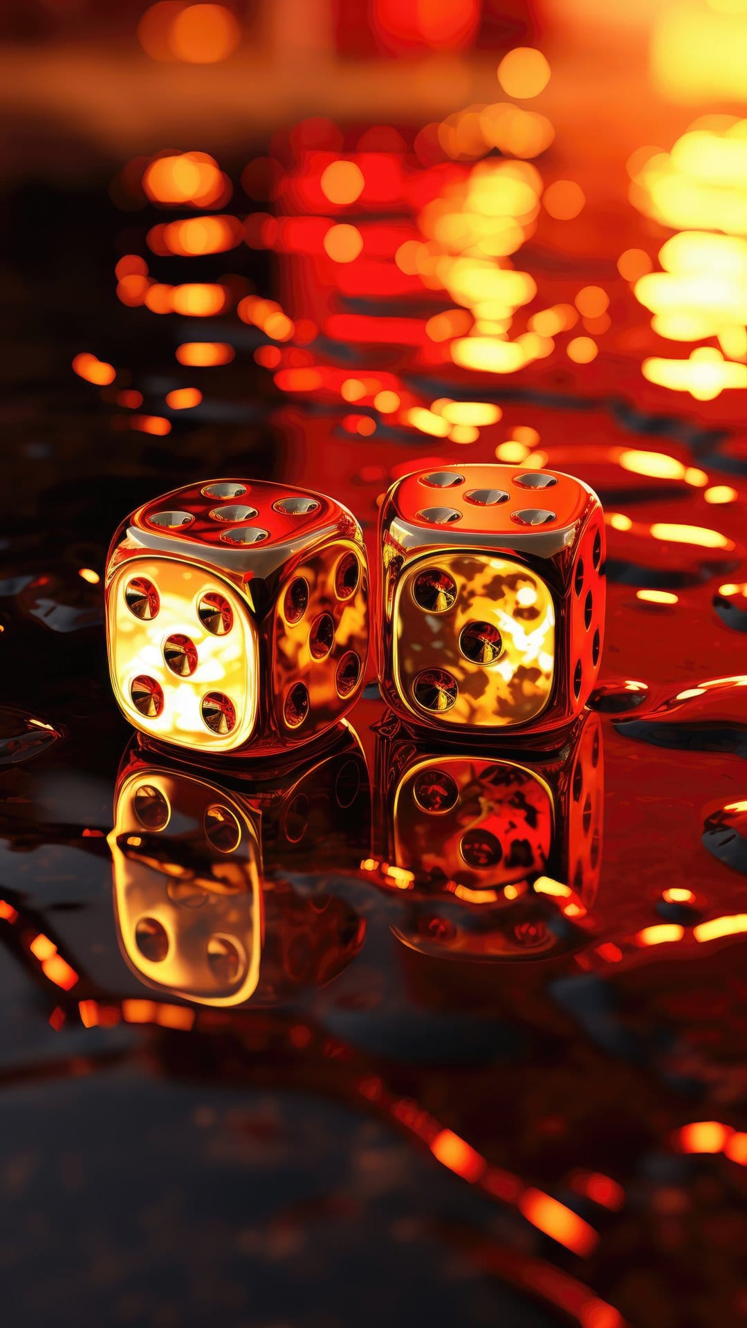 Two golden dice with glowing pips rest on a dark reflective surface with orange bokeh light in the background.