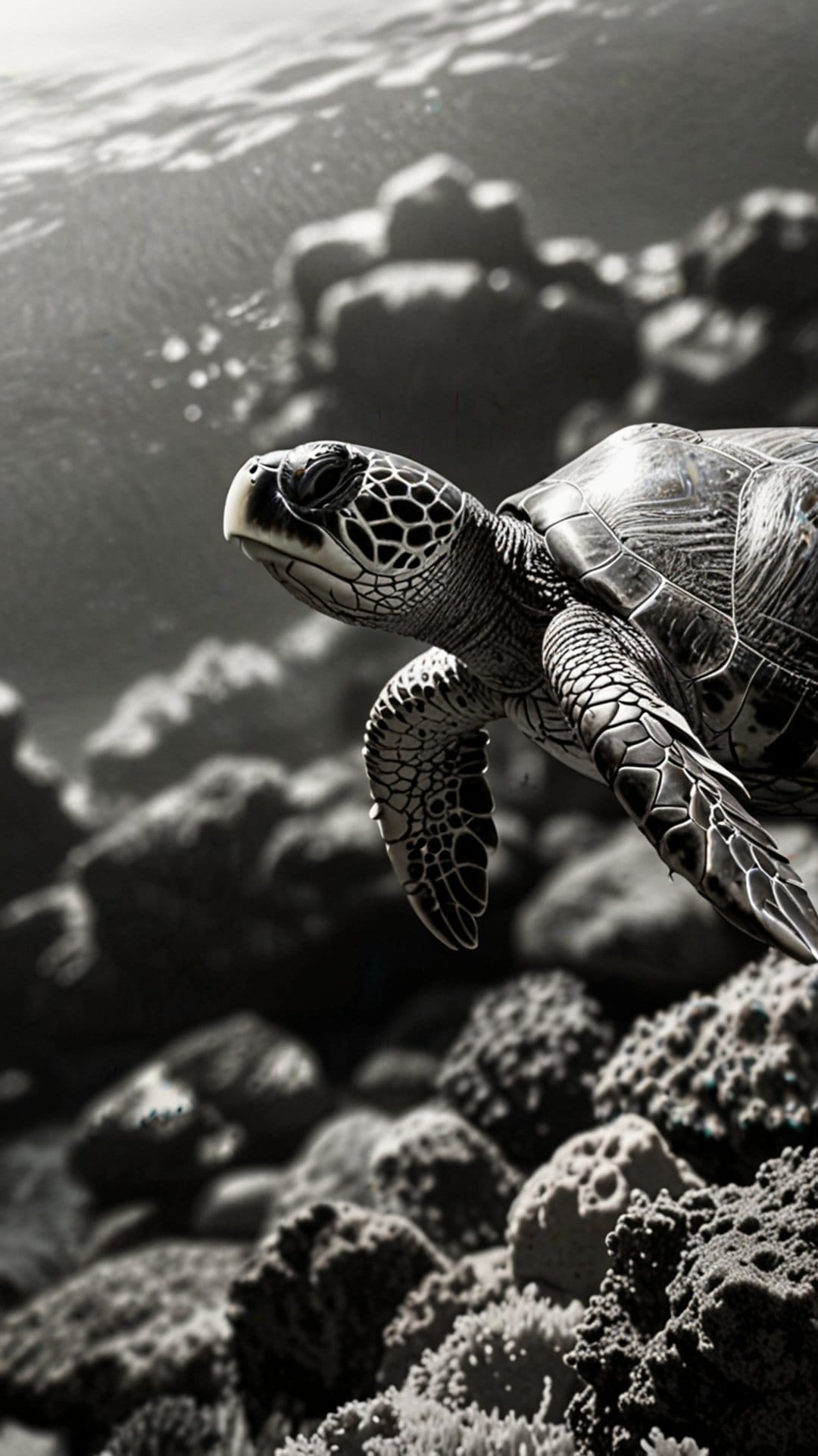 Sea turtle with patterned shell swims through textured coral in a high-contrast black and white underwater scene.