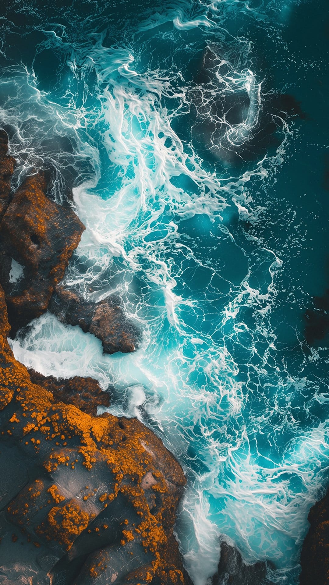 Swirling turquoise sea waves crash into jagged mossy rocks in a high-angle drone shot showing white surf.