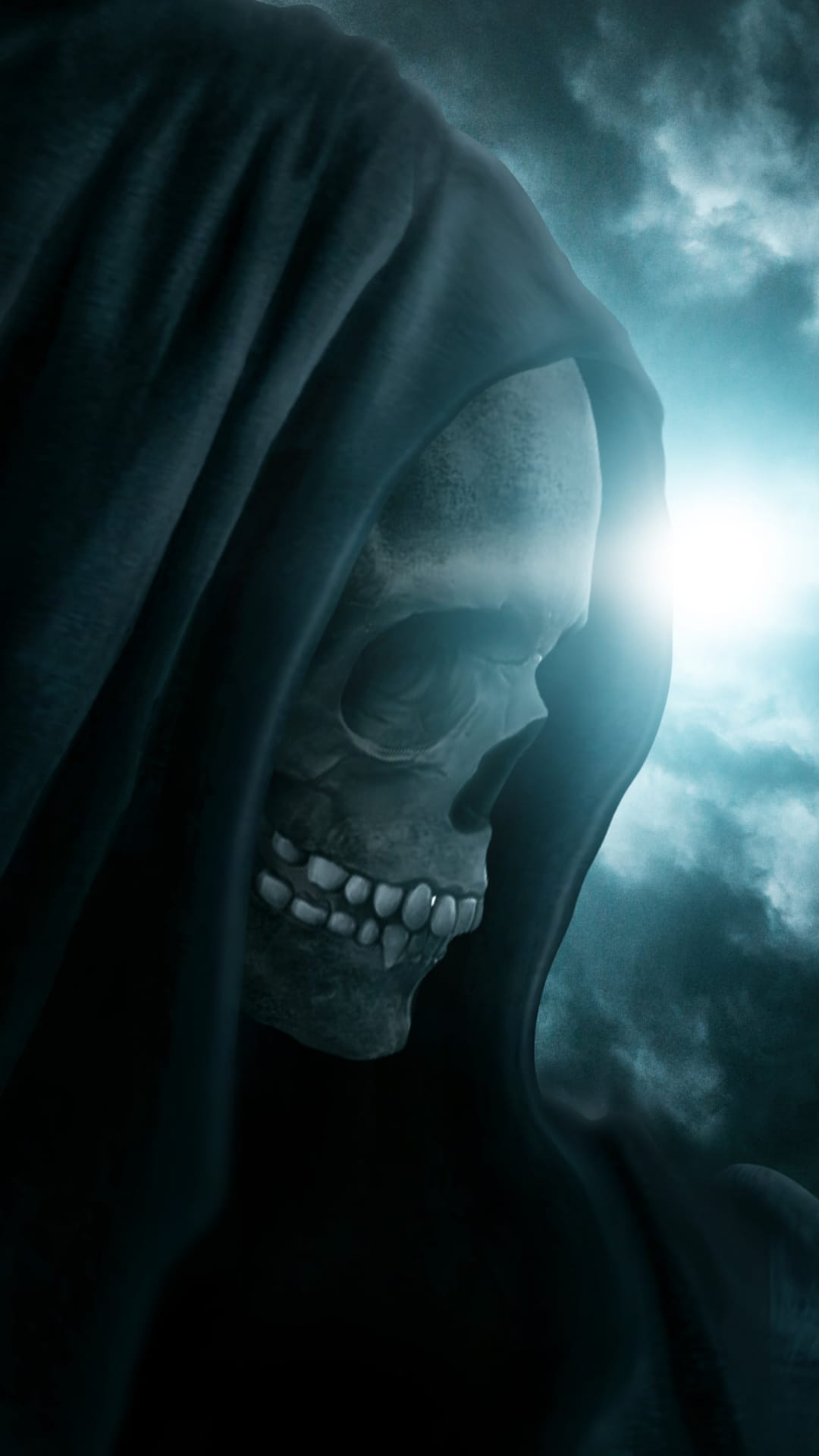 Hooded skeleton with white skull and dark robes emerging from swirling blue clouds and bright ethereal light.