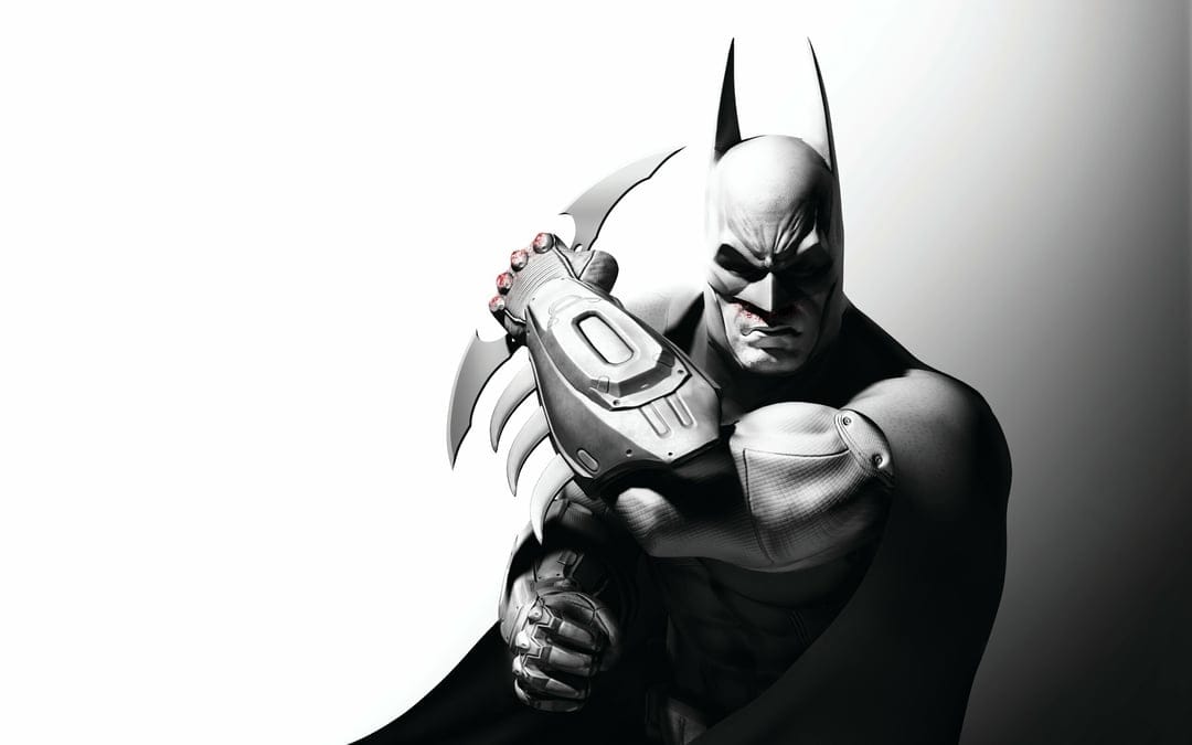 Batman gripping a Batarang with blood on his knuckles and face in a high-contrast black and white scene.