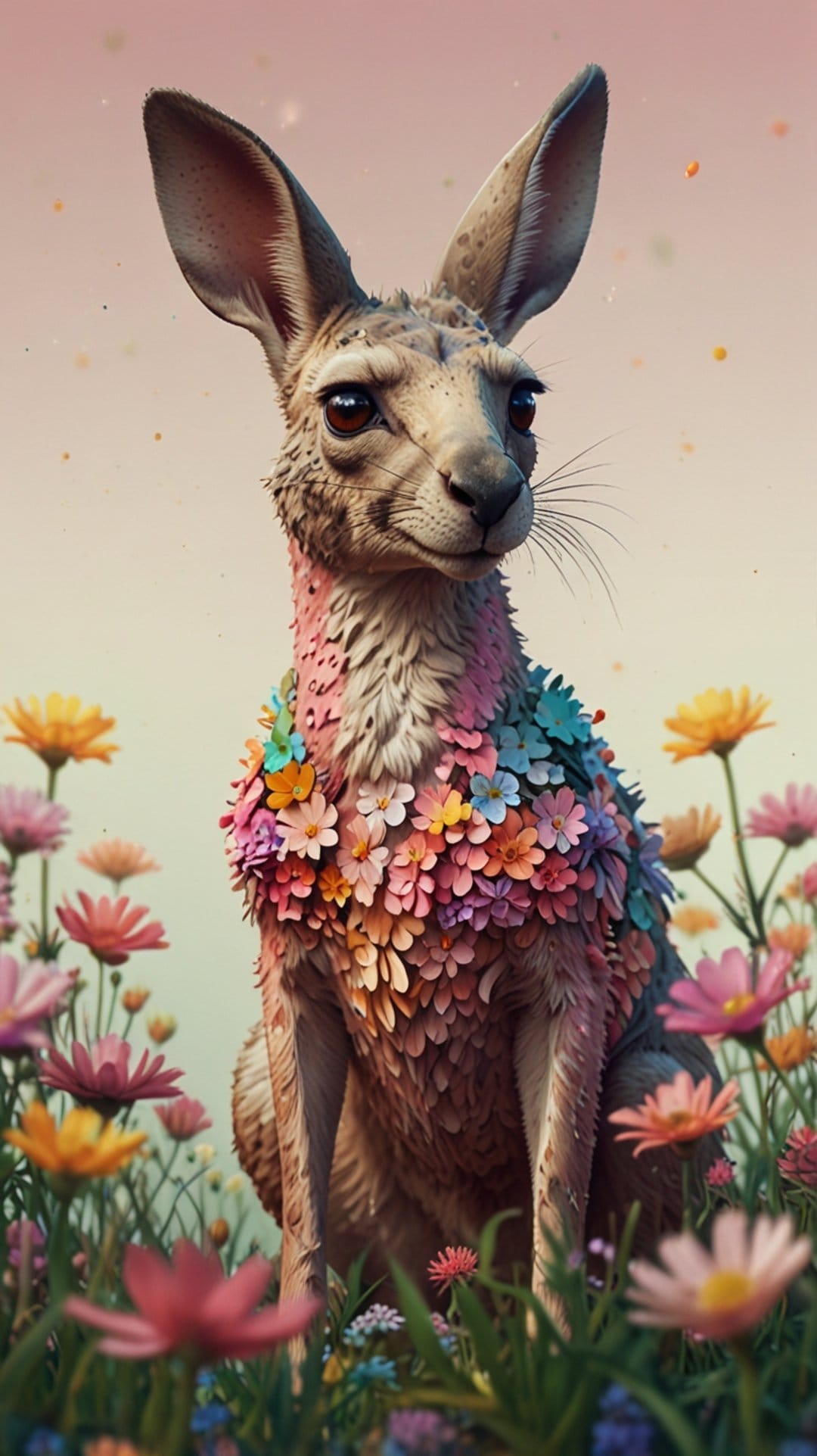Kangaroo with colorful flowers on its fur sitting in a pastel meadow filled with blooming wildflowers.