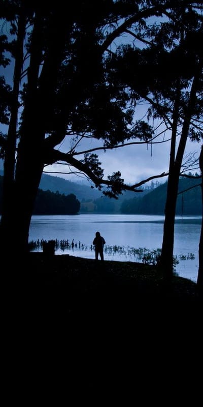 Solitude, Nature, Lake, Reflection, Silhouette, Dusk, Peaceful, Tranquil, Contemplation, Water, Trees, Landscape, Serene, Outdoors, Calm, Mountains, Twilight, Blue Hues, Mystical, Alone