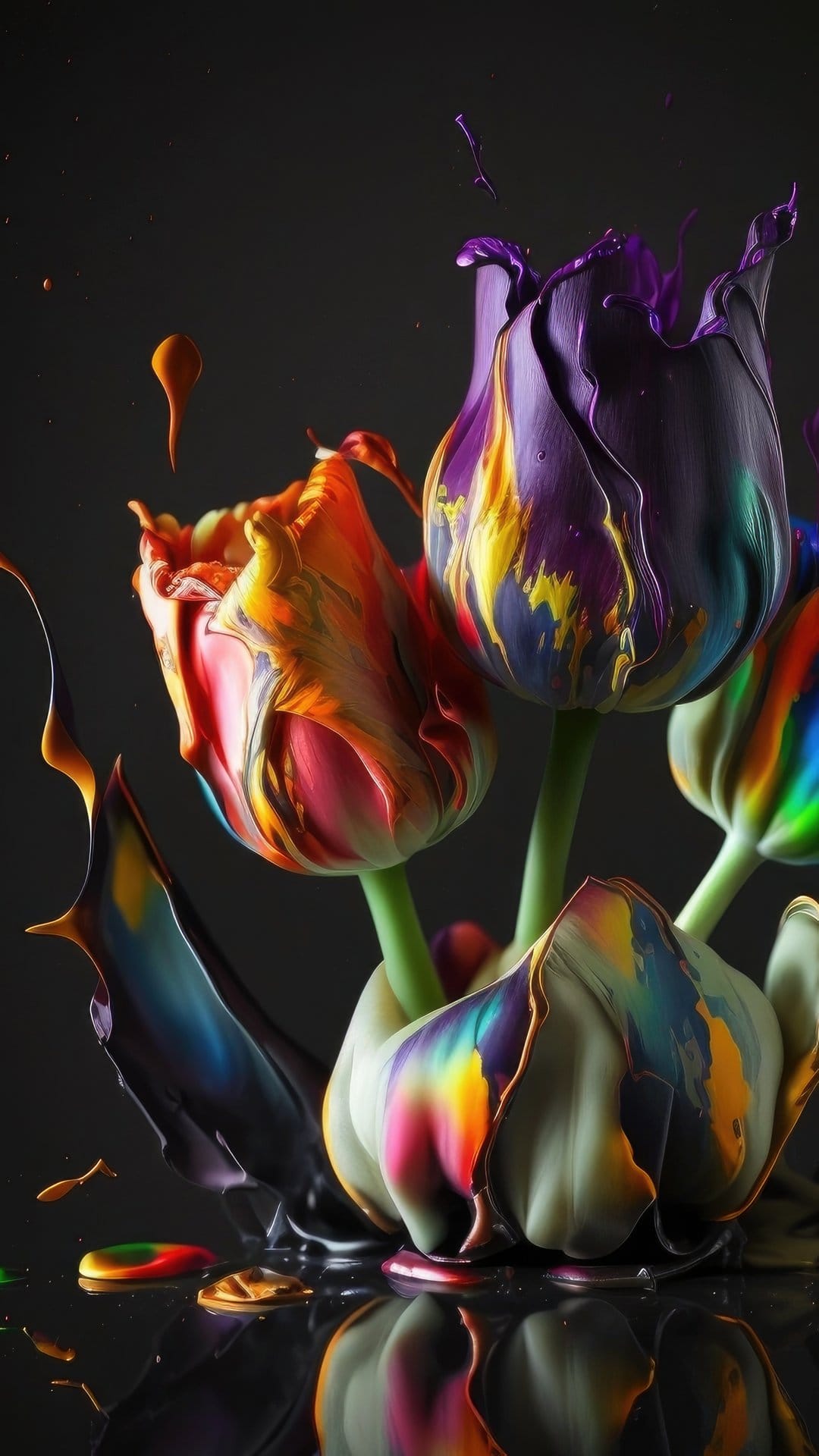 Pink and yellow tulips covered in thick swirls of multicolored liquid paint splashes against a dark backdrop.