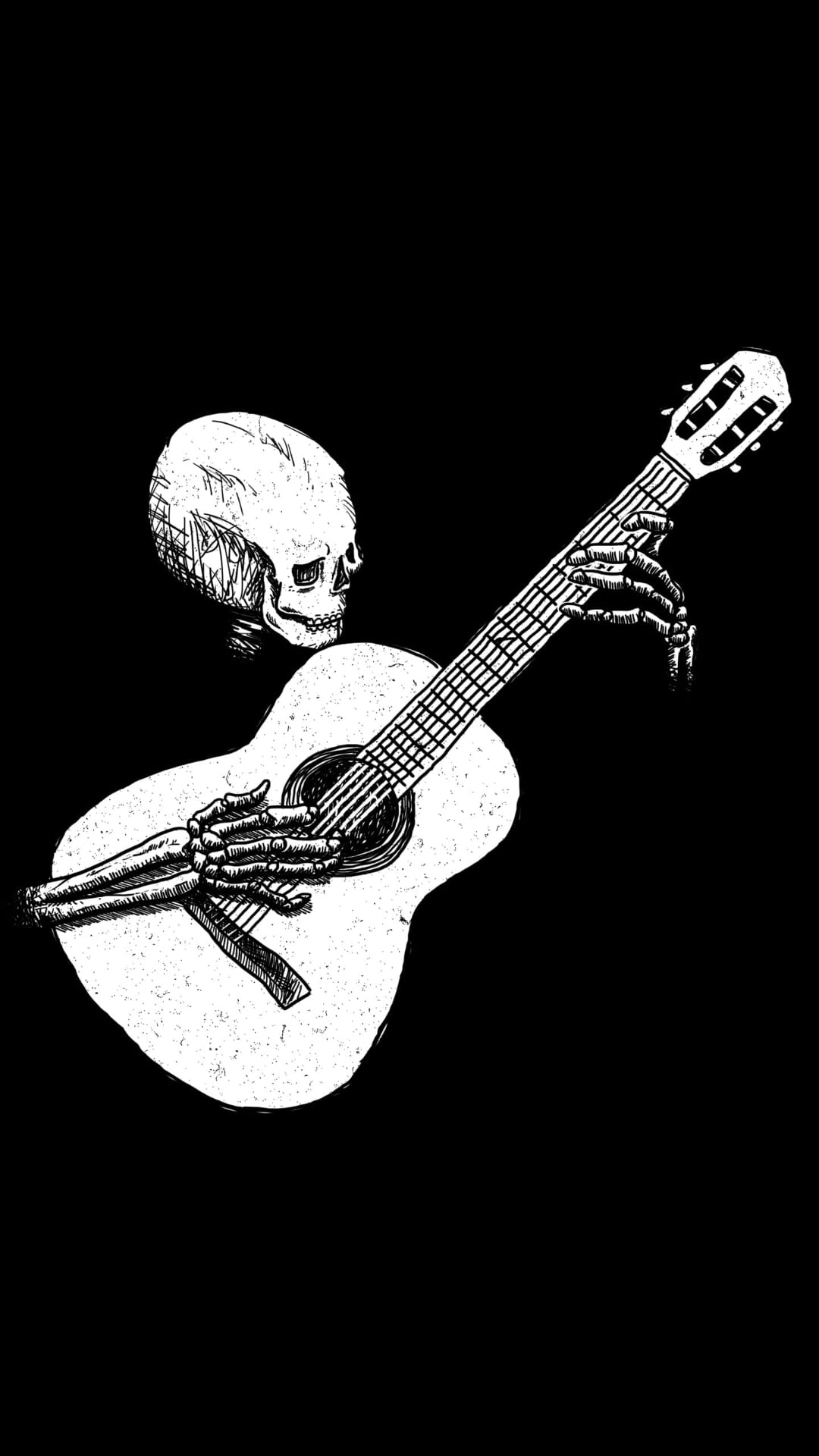 Skeleton playing an acoustic guitar with bony fingers on the fretboard against a solid pitch-black background.