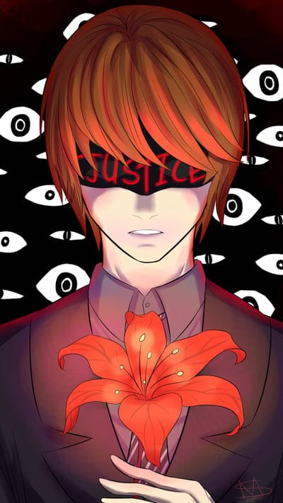 Death Note, Light Yagami, Kira, anime, character, red, intense, fan art, dark, roses, psychological, manipulative, iconic, shinigami, power, mystery, crime, cool, dramatic, resolve
