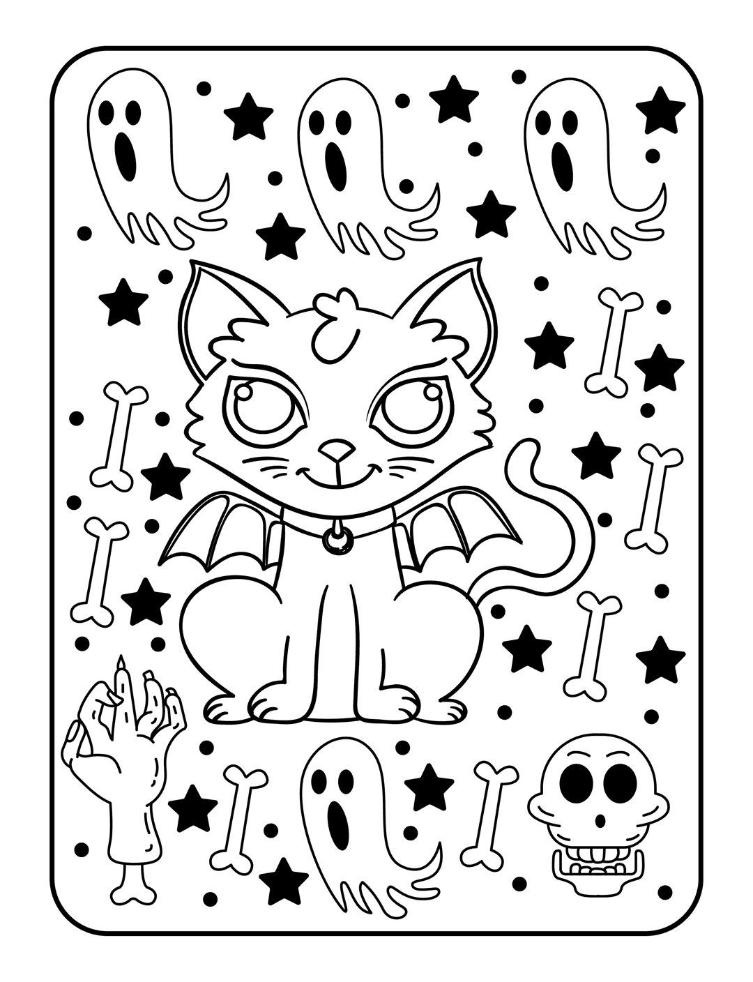 Halloween cat line art featuring bat wings and surrounded by ghosts and skulls in a black and white outline.
