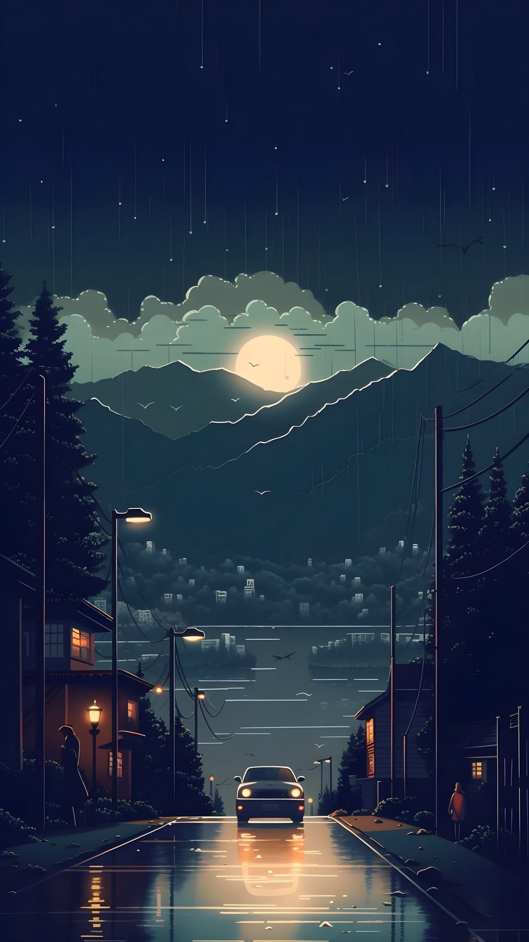 Black car driving on a wet road with streetlights reflecting in puddles beneath a large moon and mountain peaks.