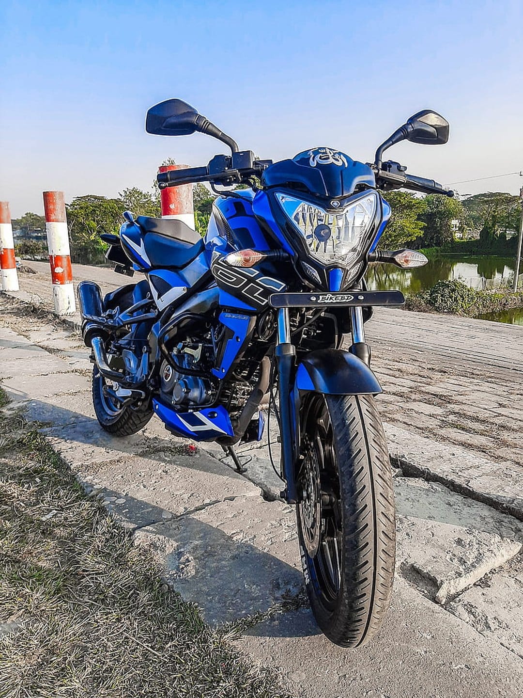 Blue Bajaj Pulsar NS200 motorcycle parked on pavement with a lake, green trees, and clear sky in the background.