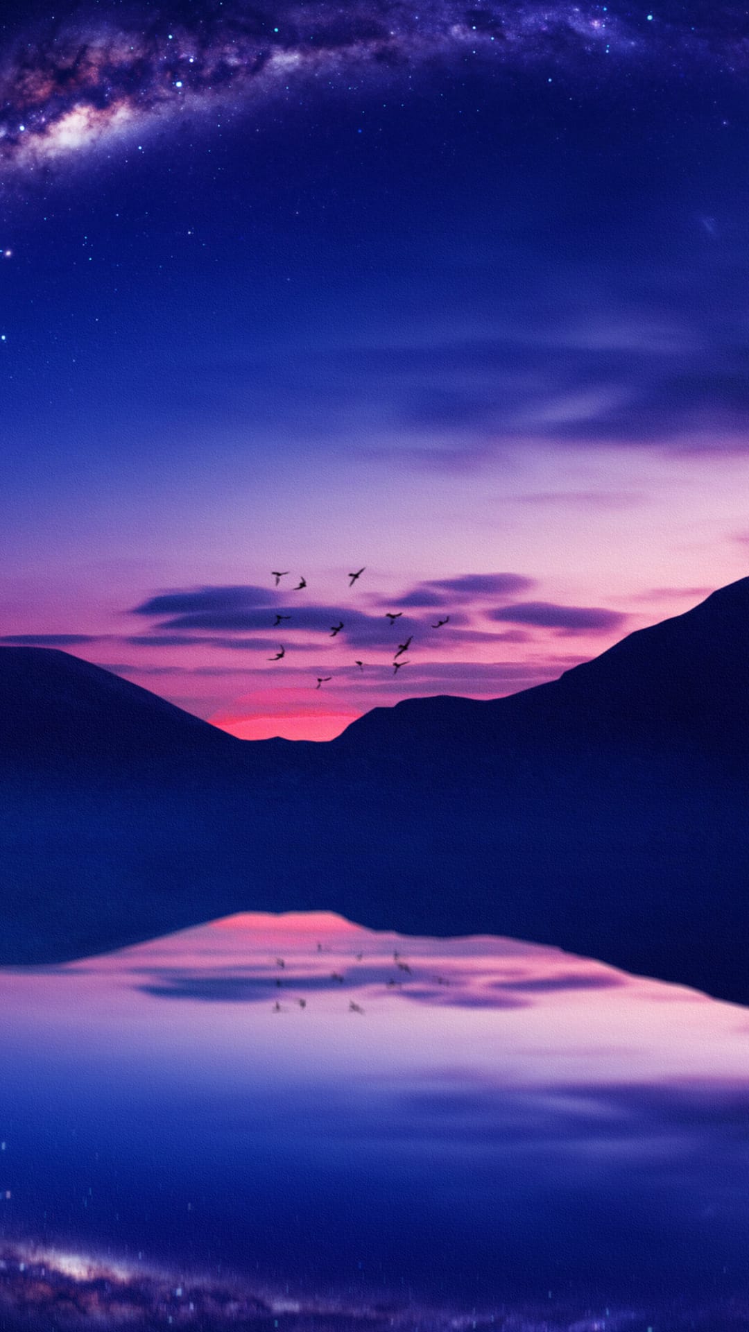 Sharp mountain peaks and a starry galaxy mirrored on a calm lake surface beneath a purple and crimson sunset.