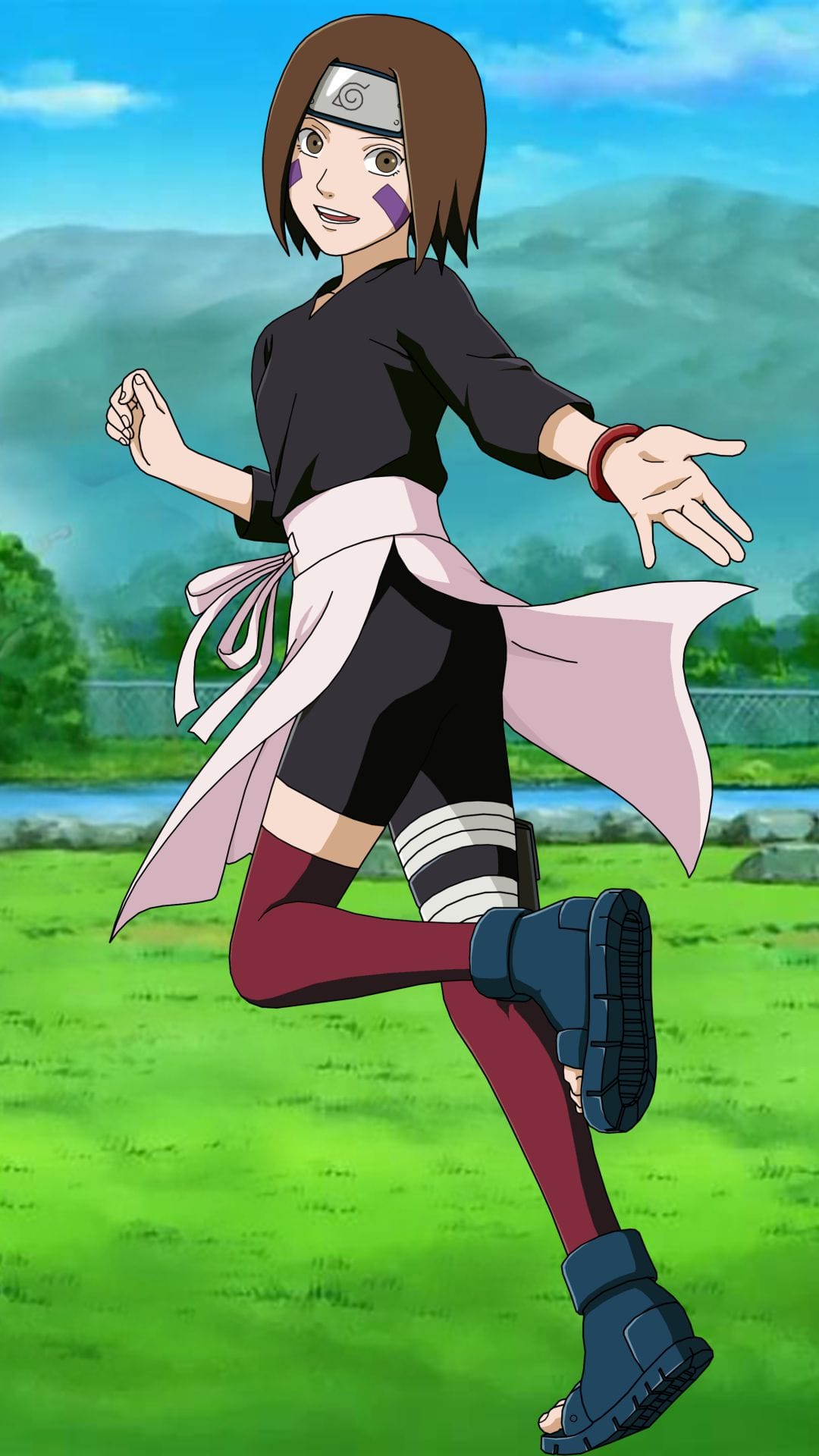 Rin Nohara sprints through a bright green grassy field wearing a black outfit and Konoha headband under a blue sky.
