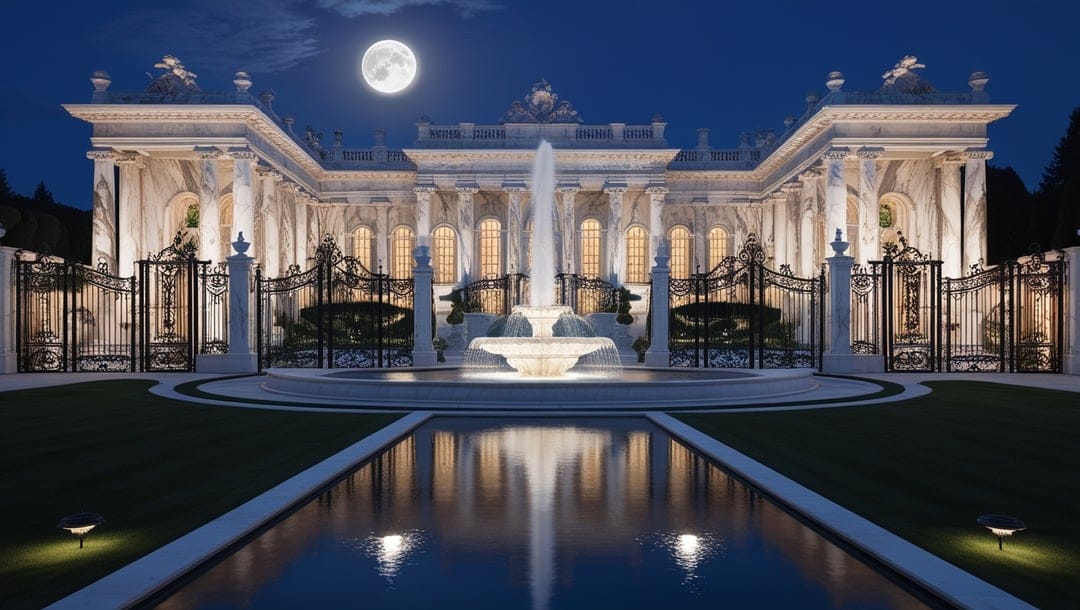 Neoclassical mansion with glowing windows and columns reflecting in a still pool under a moonlit night sky.